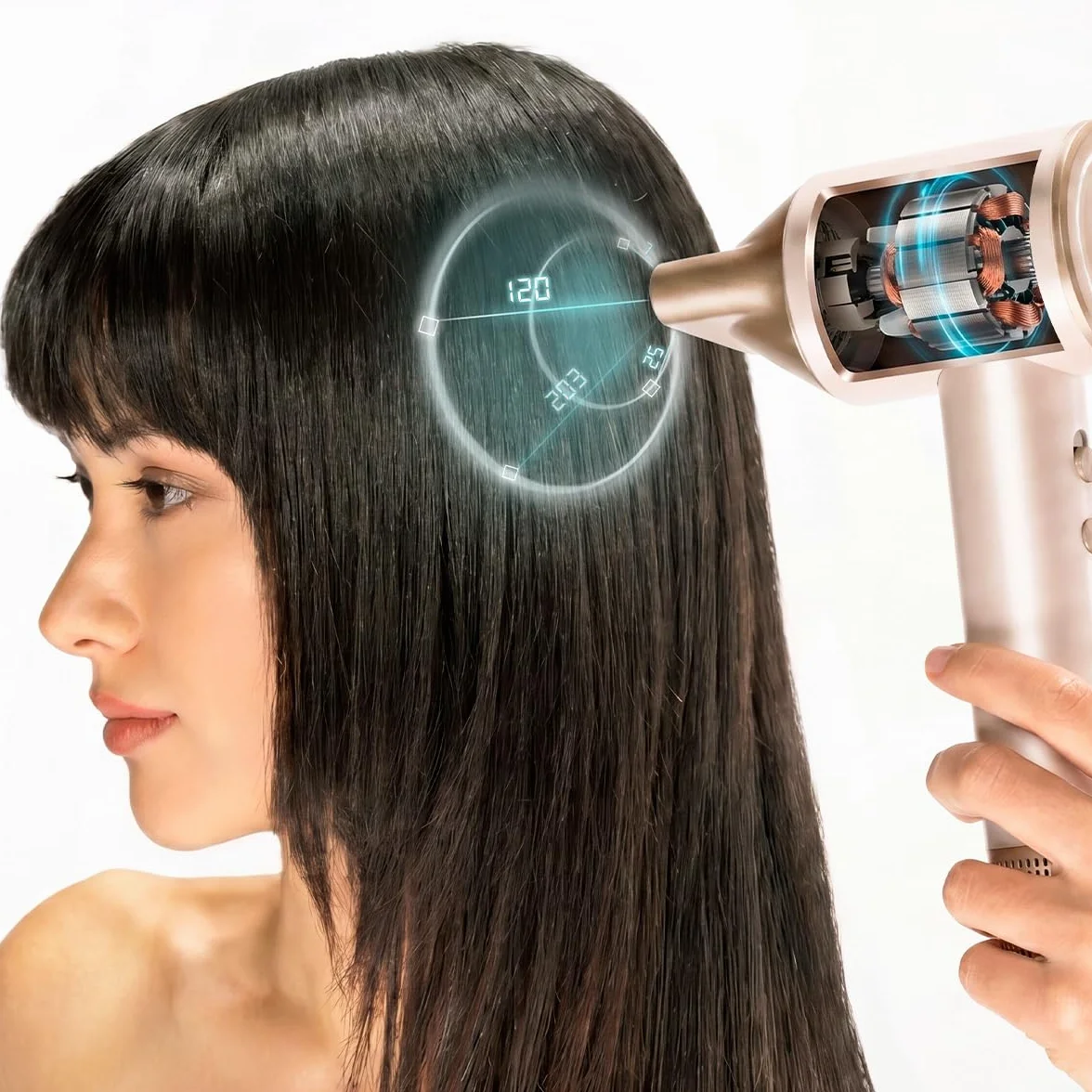 Cecotec Sèche-Cheveux à Ions - DryGlam 2in1 Sensor Champagne. 1400W, 110000rpm, Technologie de Capteur de Température, Moteur Brushless, 2 Vitesses et 3 Températures, Embout Concentrateur et Diffuseur