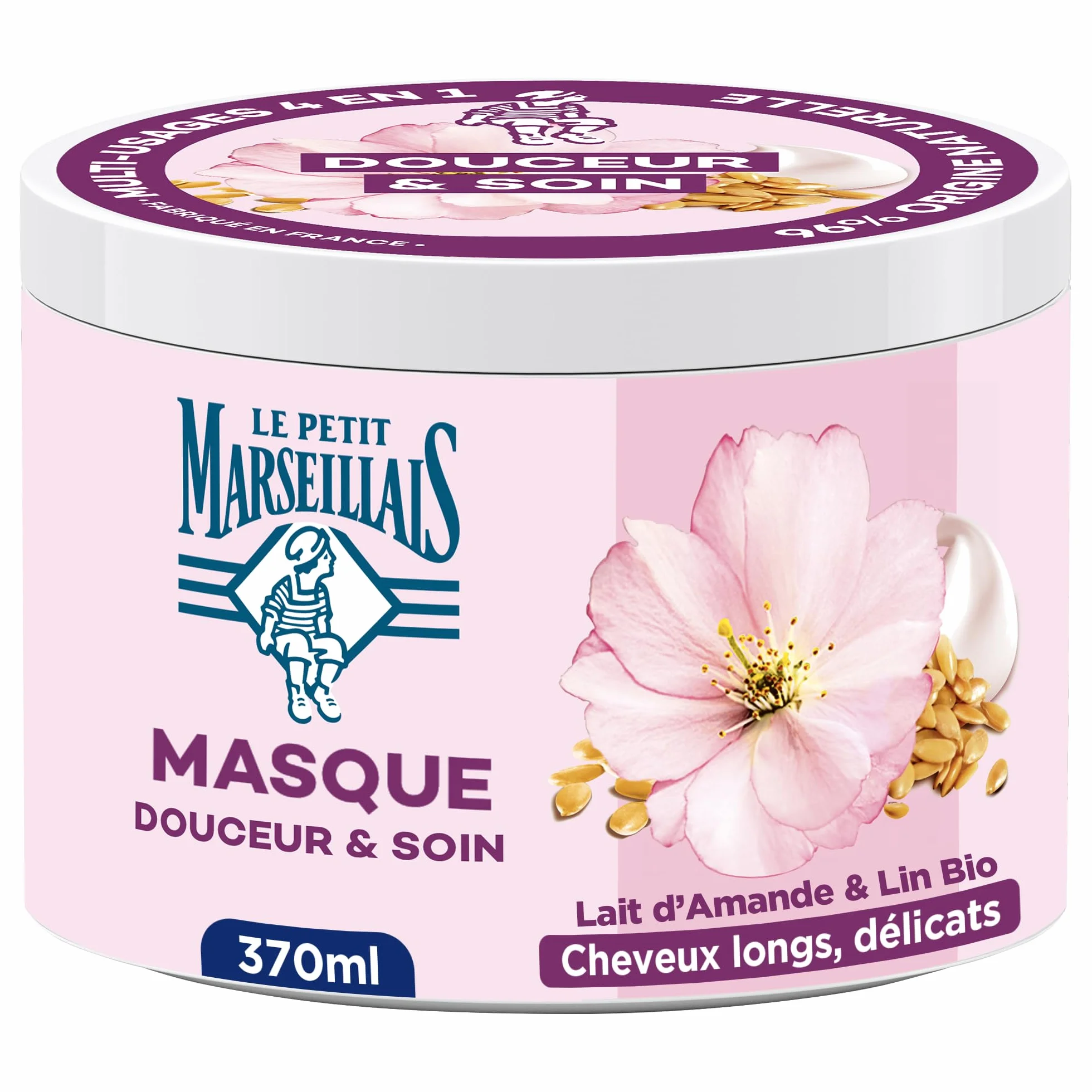 Le Petit Marseillais Masque Douceur et Soin Multi-Usage 4 en 1 Lait d'Amande et Lin Bio 370 Ml Masque Cheveux sans Silicone