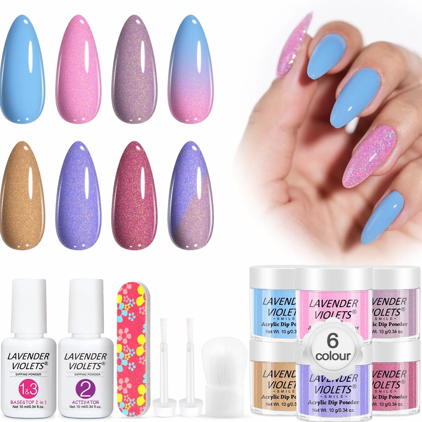 Lavender Violets 6 Couleurs Acrylique Trempage Poudre Système French Nail Manucure Base Activateur Vernis Finition Brosse Lime