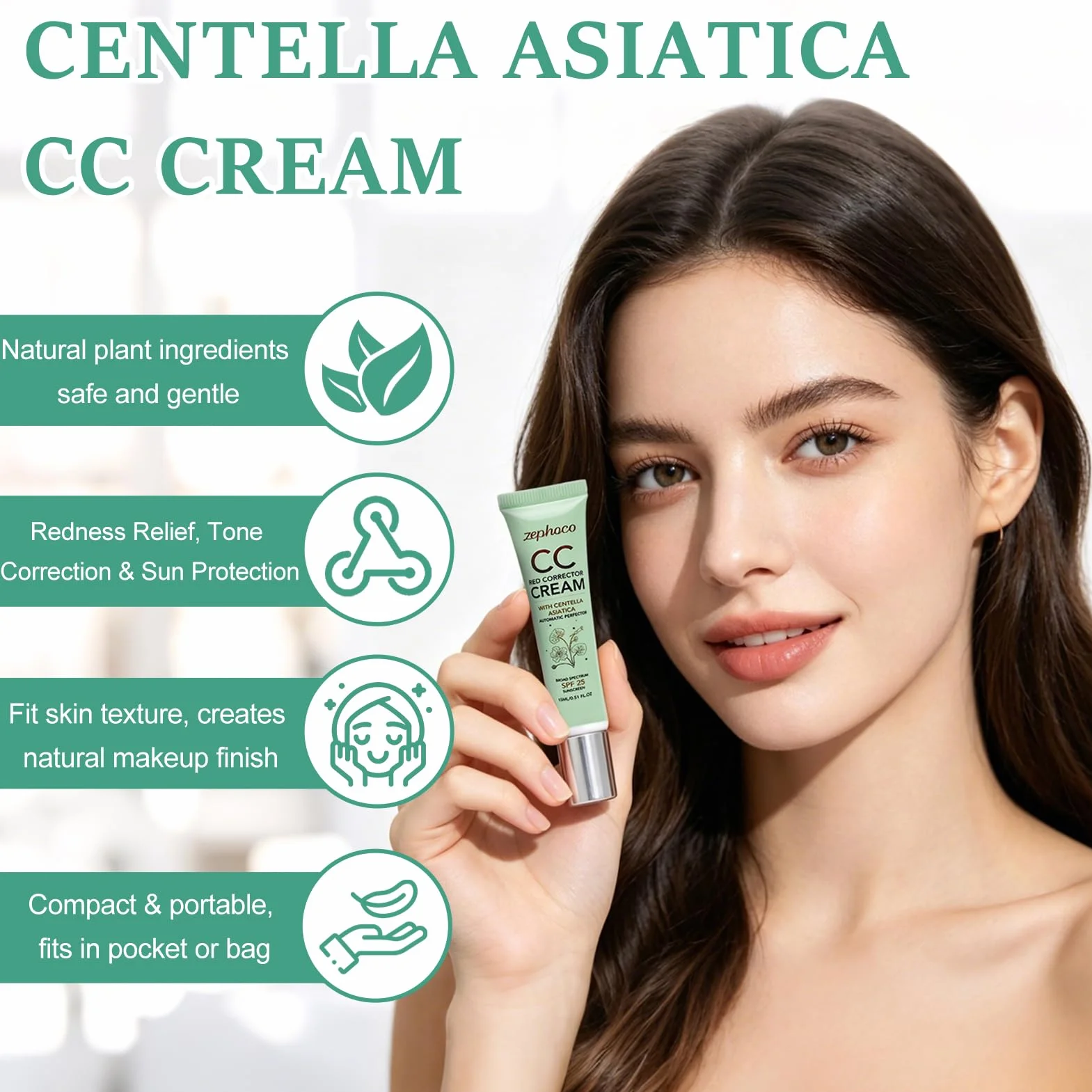 Crème Correctrice Centella Asiatica SPF 25 Anti-Rougeurs 15ml avec Pinceau Fond de Teint Cosmétiques Coréens