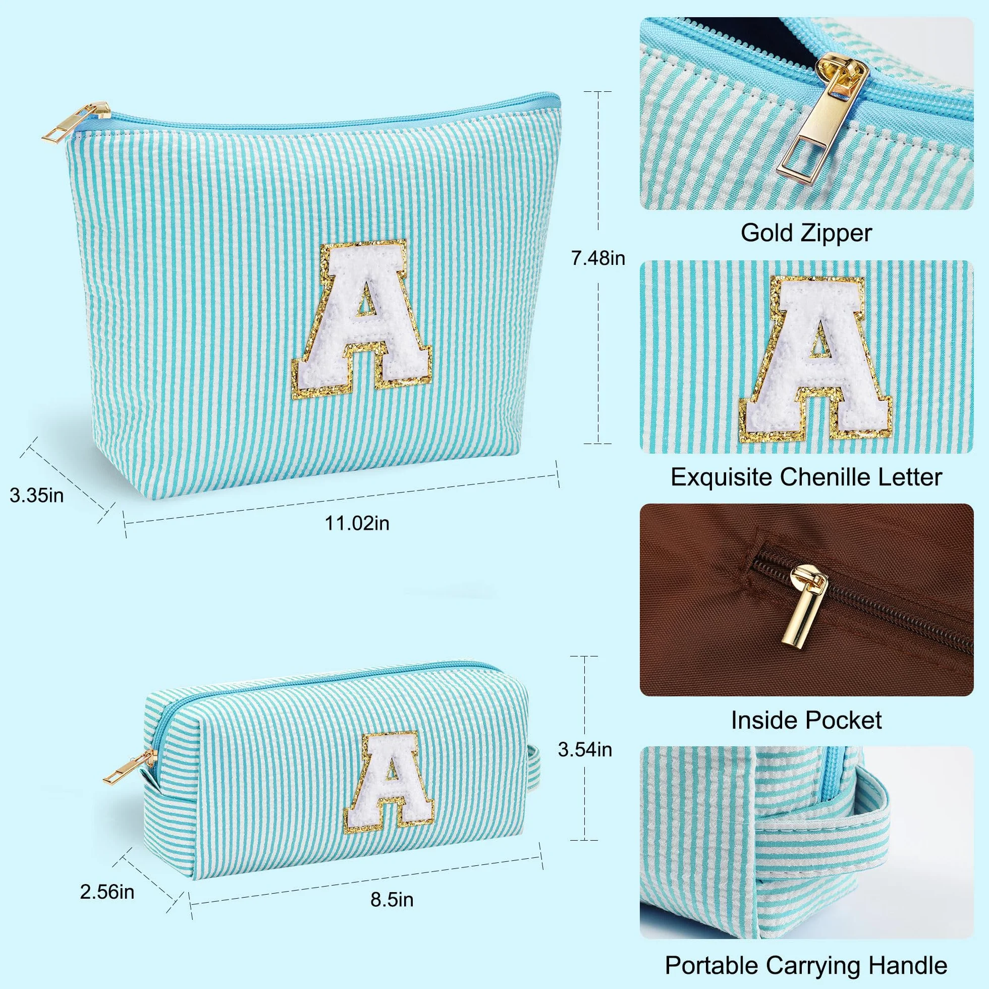 Trousse de maquillage personnalisée avec lettres A-Z, cadeau anniversaire femme fille, bleu clair, L