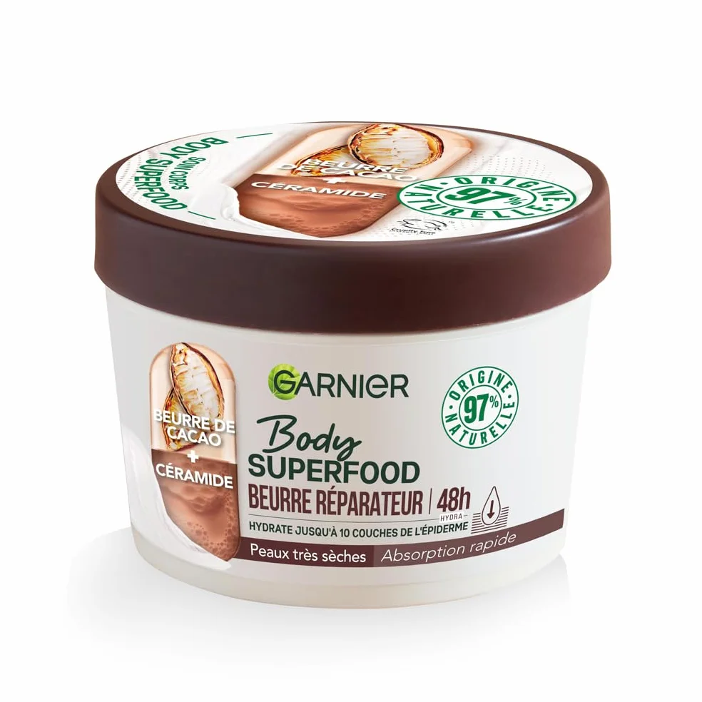 Garnier Body Superfood Crème Soin Corps Réparatrice Hydratation 48H Beurre de Cacao Céramide Peaux Sèches 380 ml