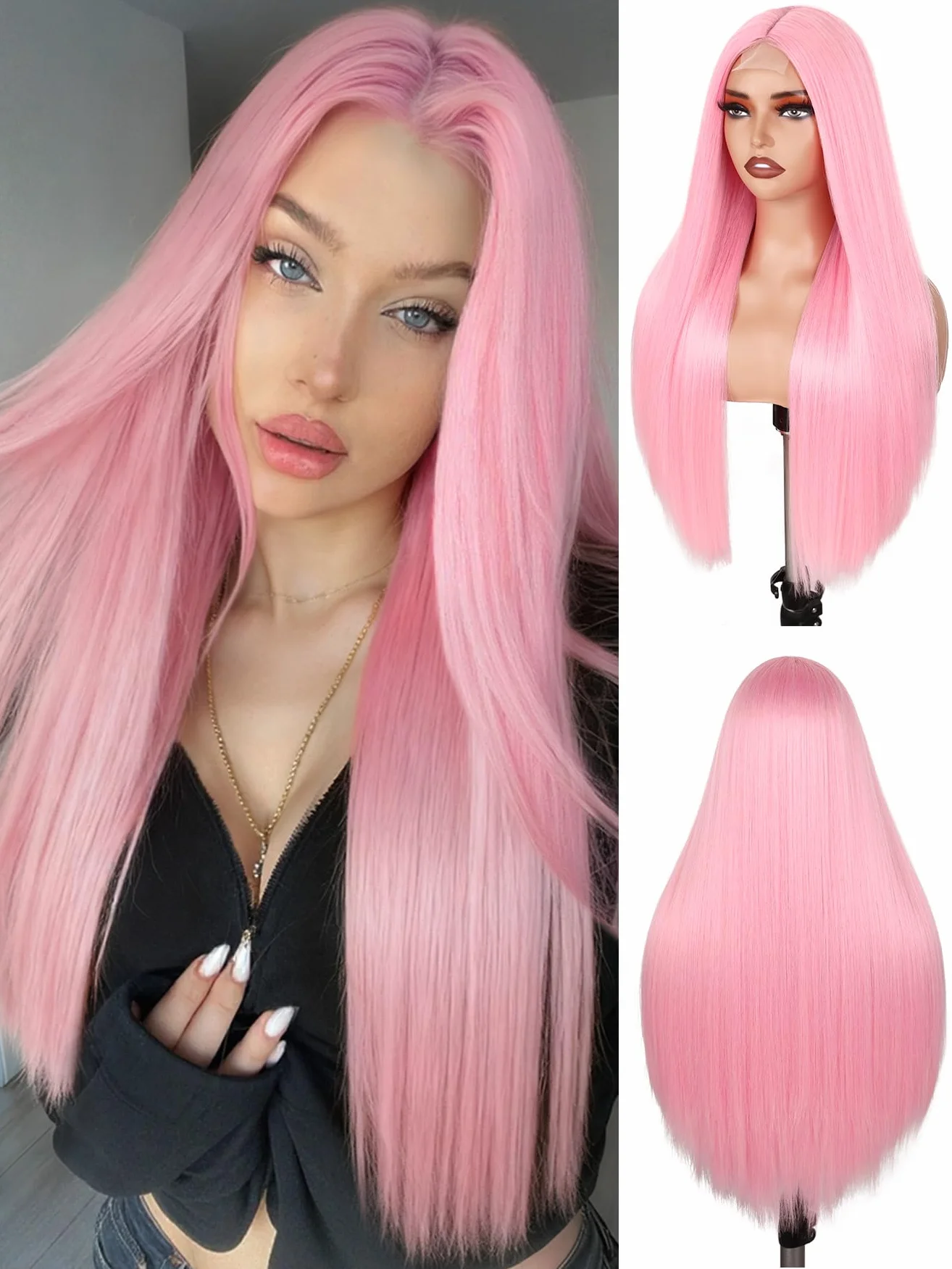 FAVE Perruque rose 65 cm synthétique pour femmes résistante à la chaleur, longue avec raie au milieu, aspect naturel rose clair, idéale pour quotidien/fête/cosplay