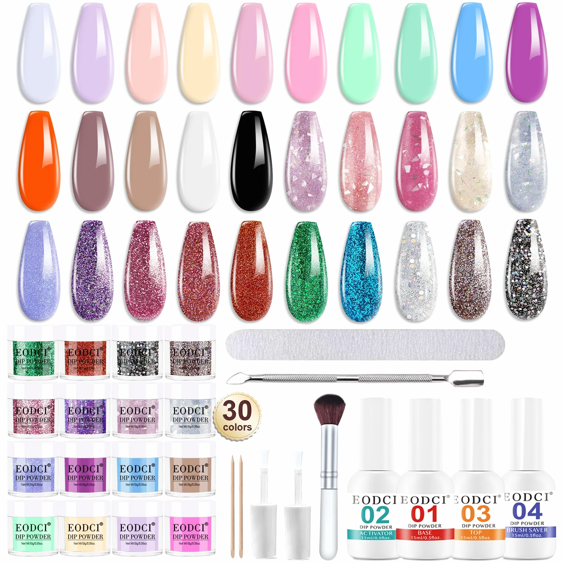 EODCI Kit de démarrage poudre de trempage 30 couleurs paillettes base activateur couche finition manucure française
