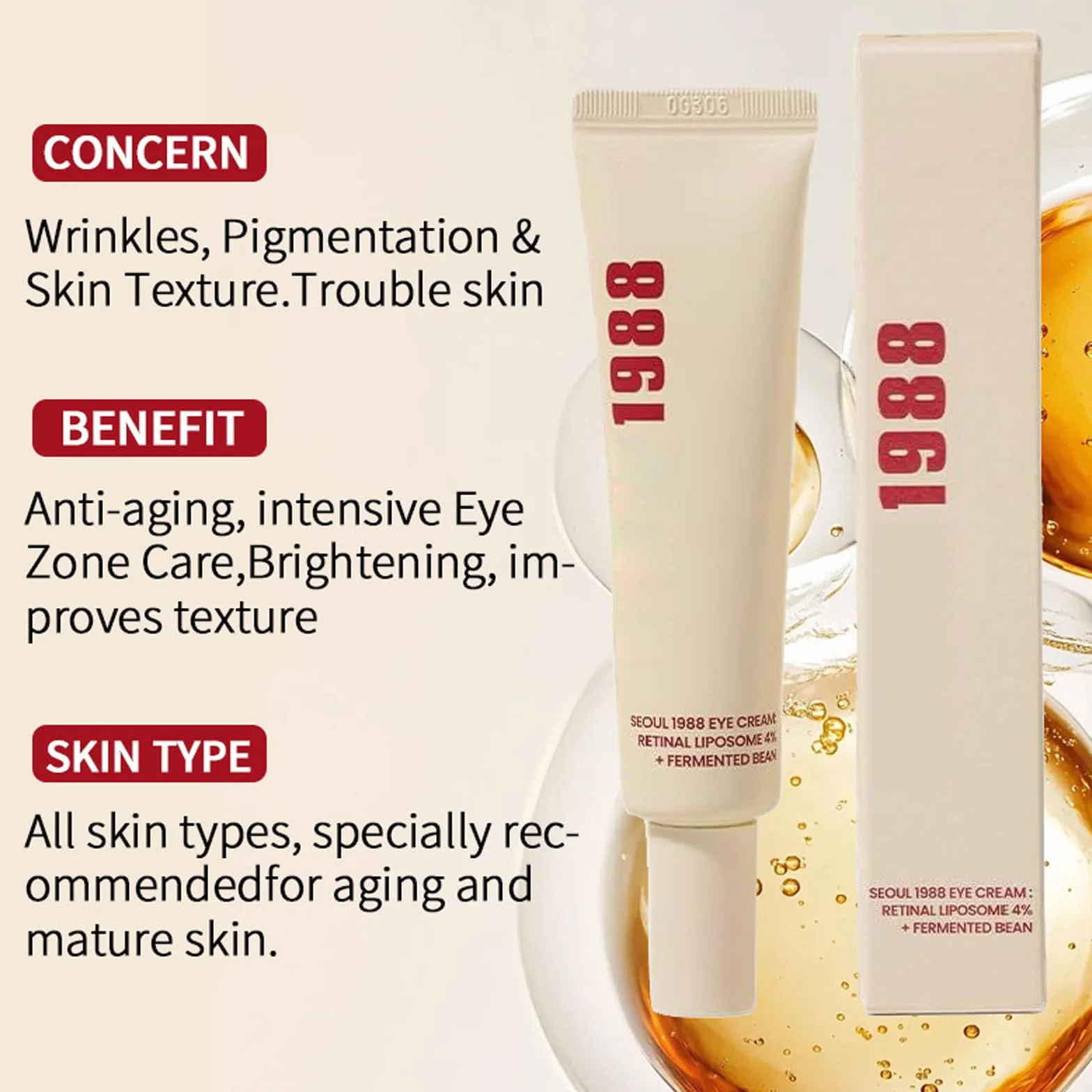 Crème contour des yeux anti-âge 1988, Sérum rétinien anti-cernes et ridules