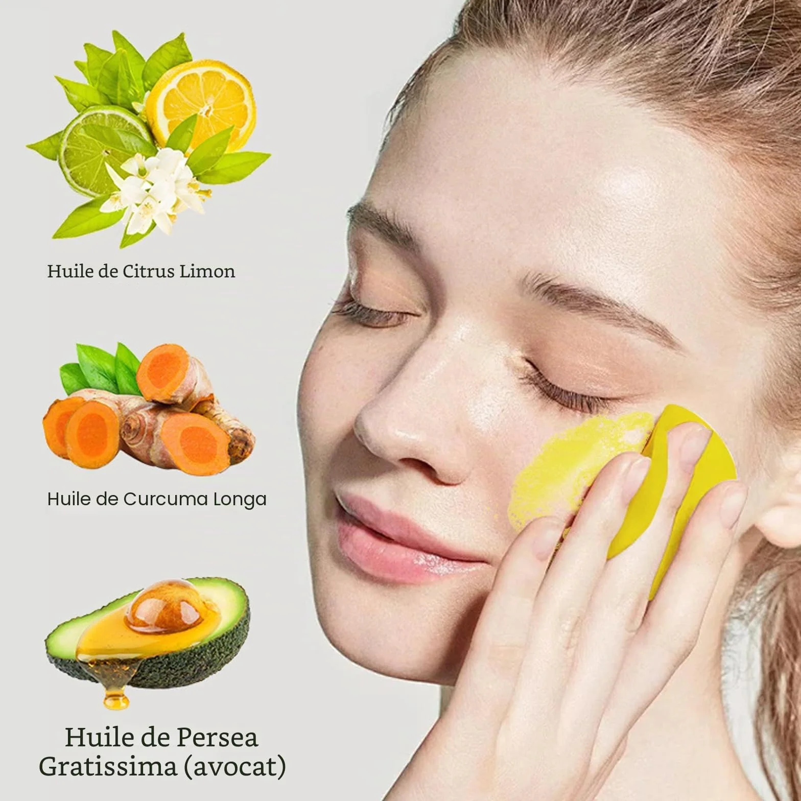 Ensemble Trois Pièces pour Lavage et Soins au Curcuma, Nettoyant Facial Avec Brosse, Tampons Gommants pour le Visage, Pain de Savon, Filet Moussant pour Savon, Ensemble de Nettoyage en Profondeur