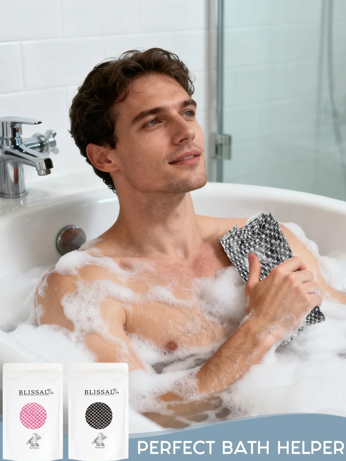 Blissal Lot de 2 serviettes de douche exfoliantes antibactériennes pour peau lisse, rose + noir