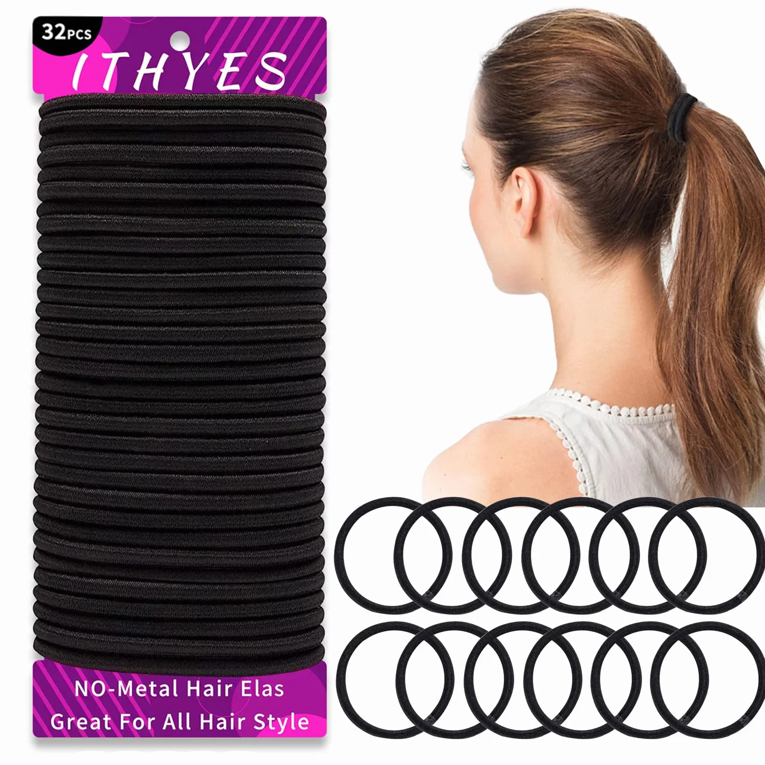 Lot de 32 élastiques à cheveux épais 4 mm, chouchous queue de cheval, noir