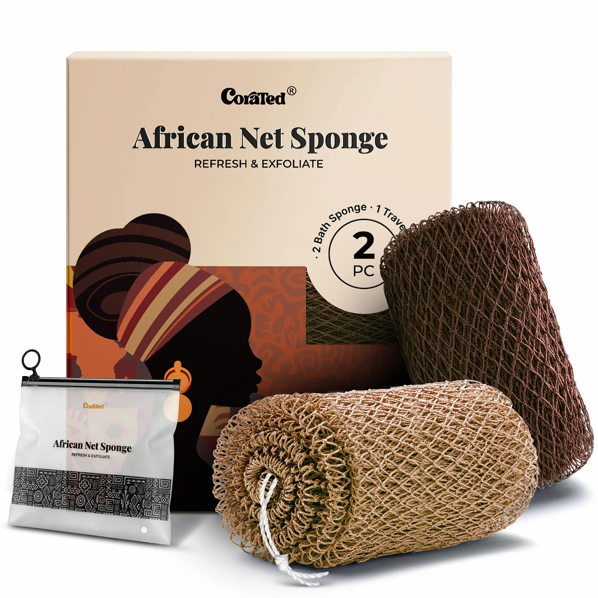 CORATED Filet à Bain Africain 2 Pièces, Eponge Exfoliante Corps, Gant Exfoliant Dos – Nettoyage Douche SPA (Lin et Marron)