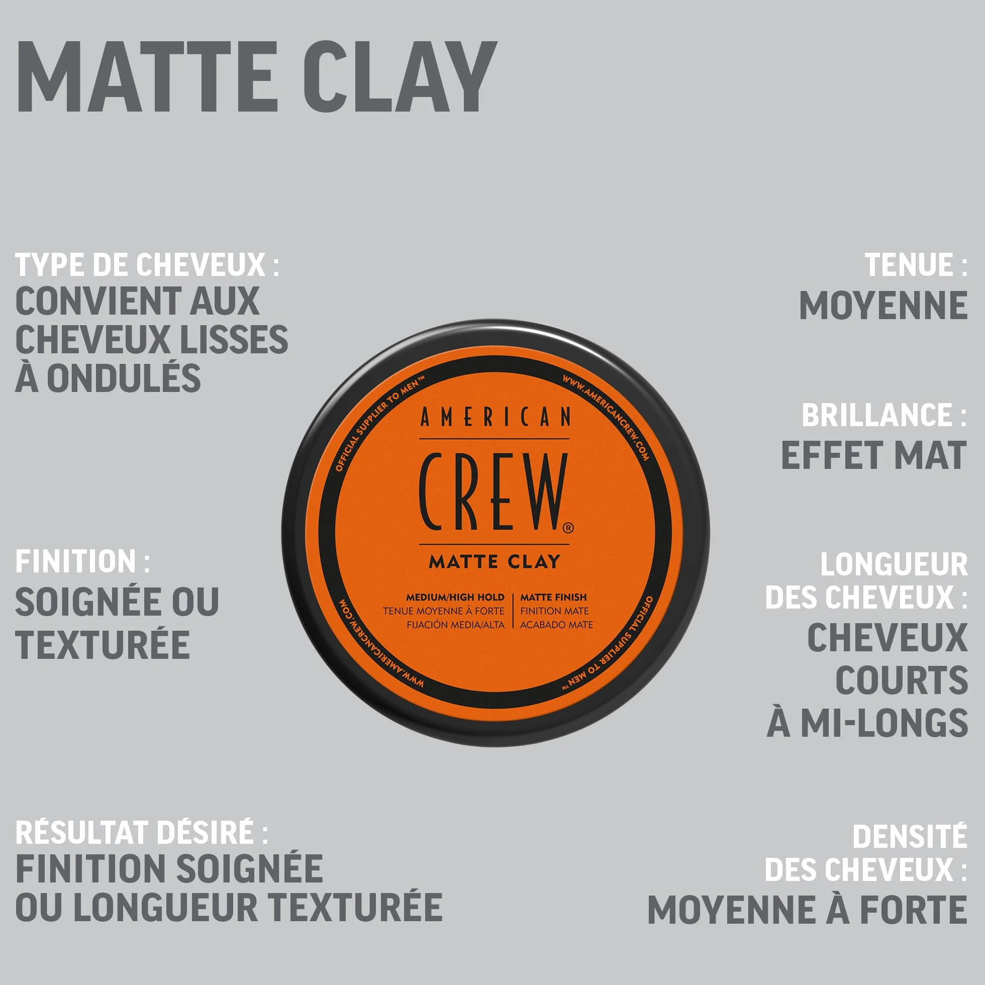 American Crew Matte Clay Cire Cheveux Homme Argile 85 g Fixation Moyenne Forte Fini Mat Soyeux Tous Types Cheveux