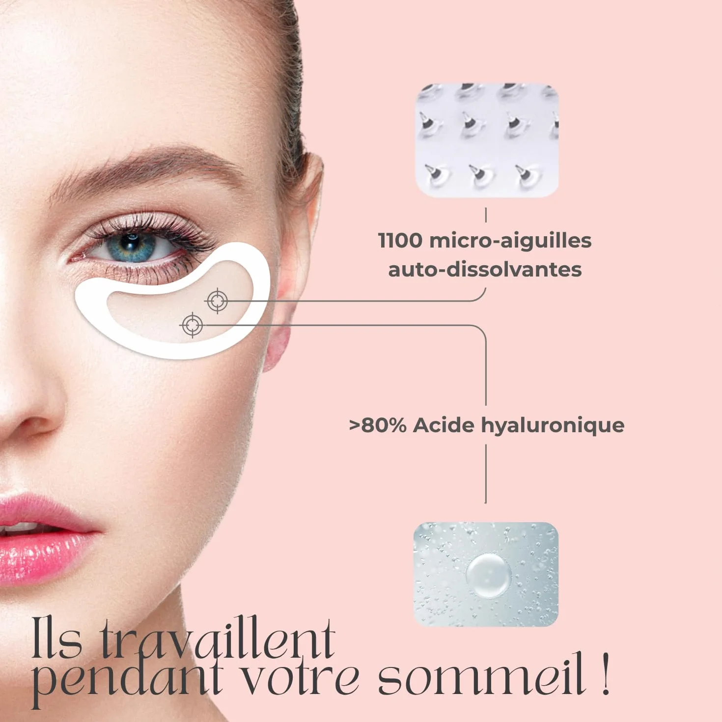 Patchs pour les yeux aux Micro-aiguilles Anti-poches Anti-rides Acide Hyaluronique Peptides 1 paire