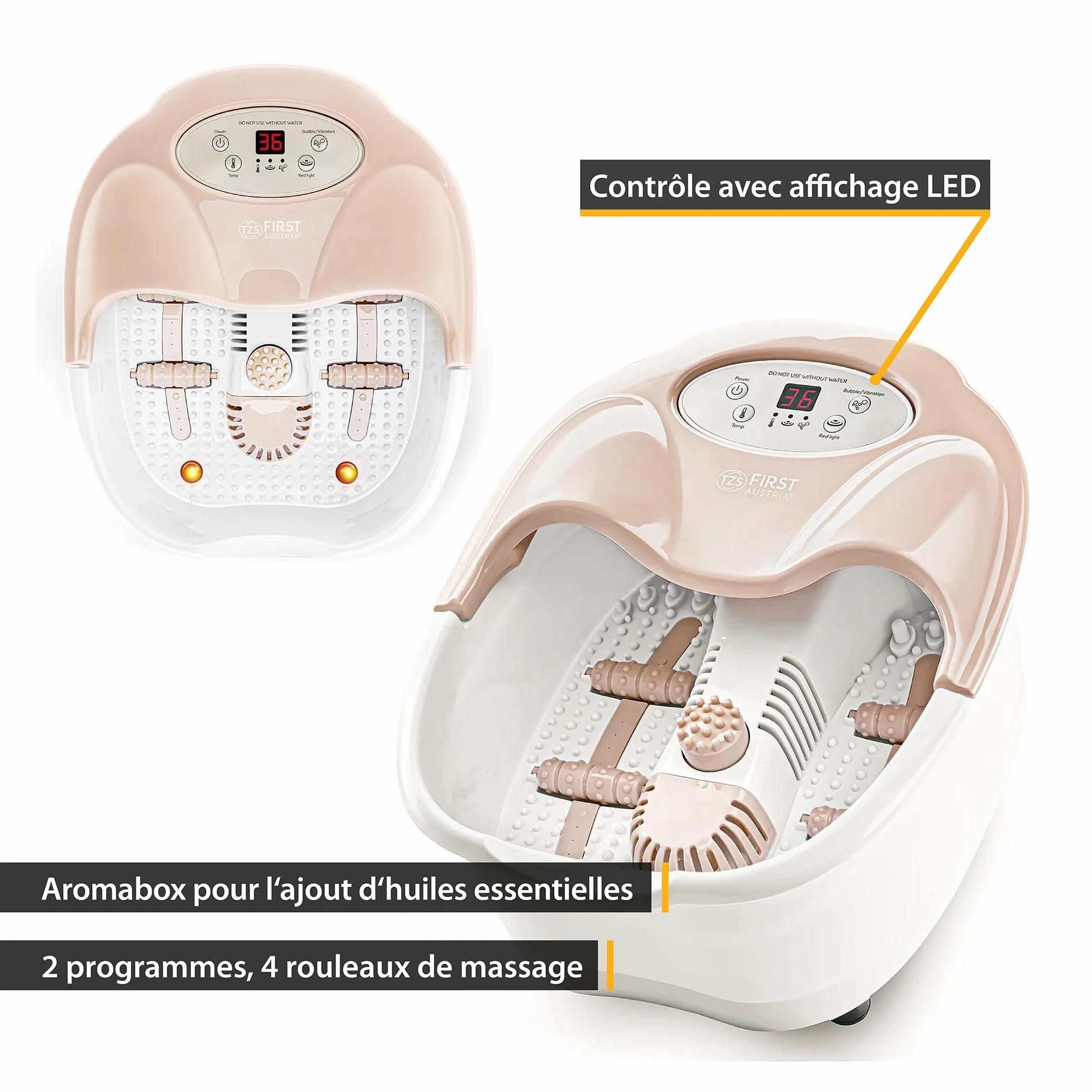 TZS First Austria - Bain de Pieds avec Massage - 450W - Écran LED & Lumière Rouge - Jusqu'à la Pointure 43 - 3 Accessoires, Protection Anti-Éclaboussures & Boîte à Arôme - Beige