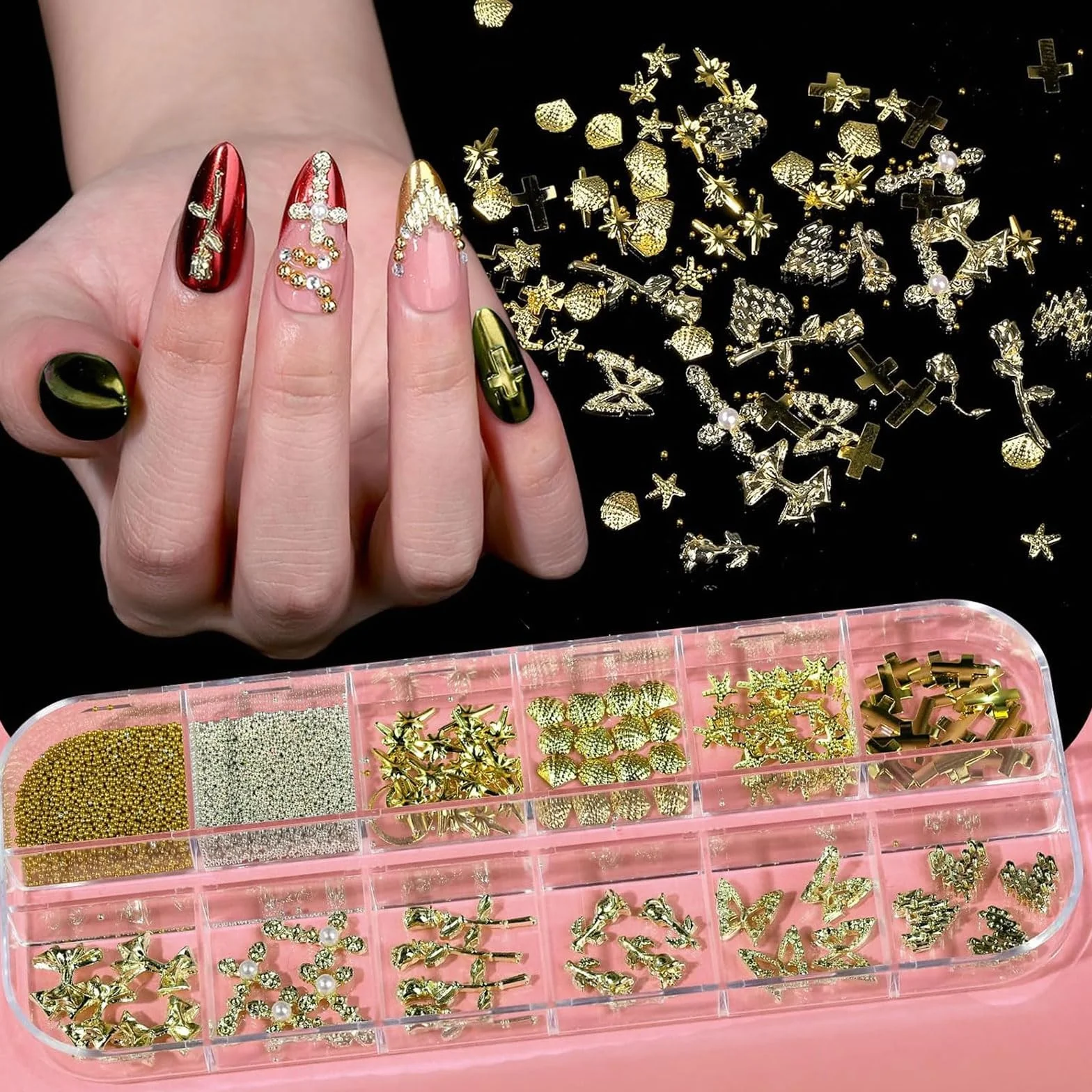 Kit de Poudre à Ongles Chrome Or VelvetGlow avec Breloques et Pierres Précieuses