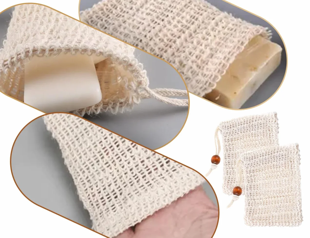 Sachets Moussants en Ramie avec Cordon - Savon Solide - Exfoliation Douche Massage - Usage Domestique Voyage