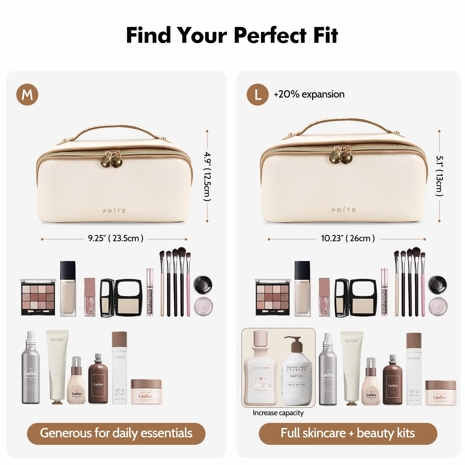 Prite Trousse de Maquillage en Cuir PU Imperméable pour Voyage avec Séparateur Transparent et Poignée Beige