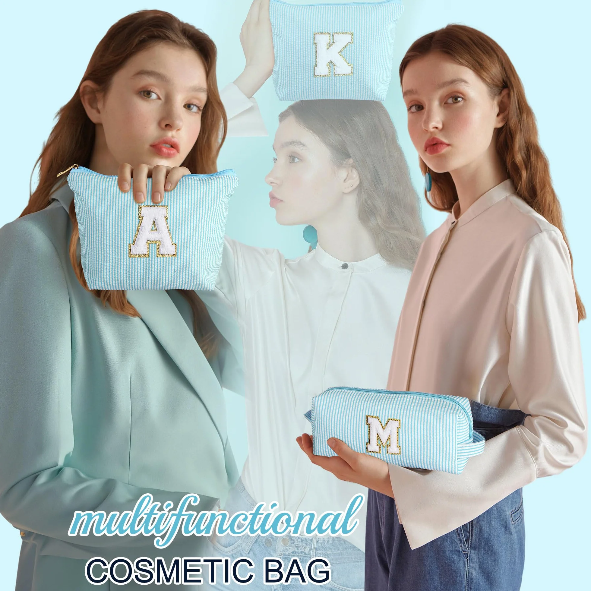 Trousse de maquillage personnalisée avec lettres A-Z, cadeau anniversaire femme fille, bleu clair, L