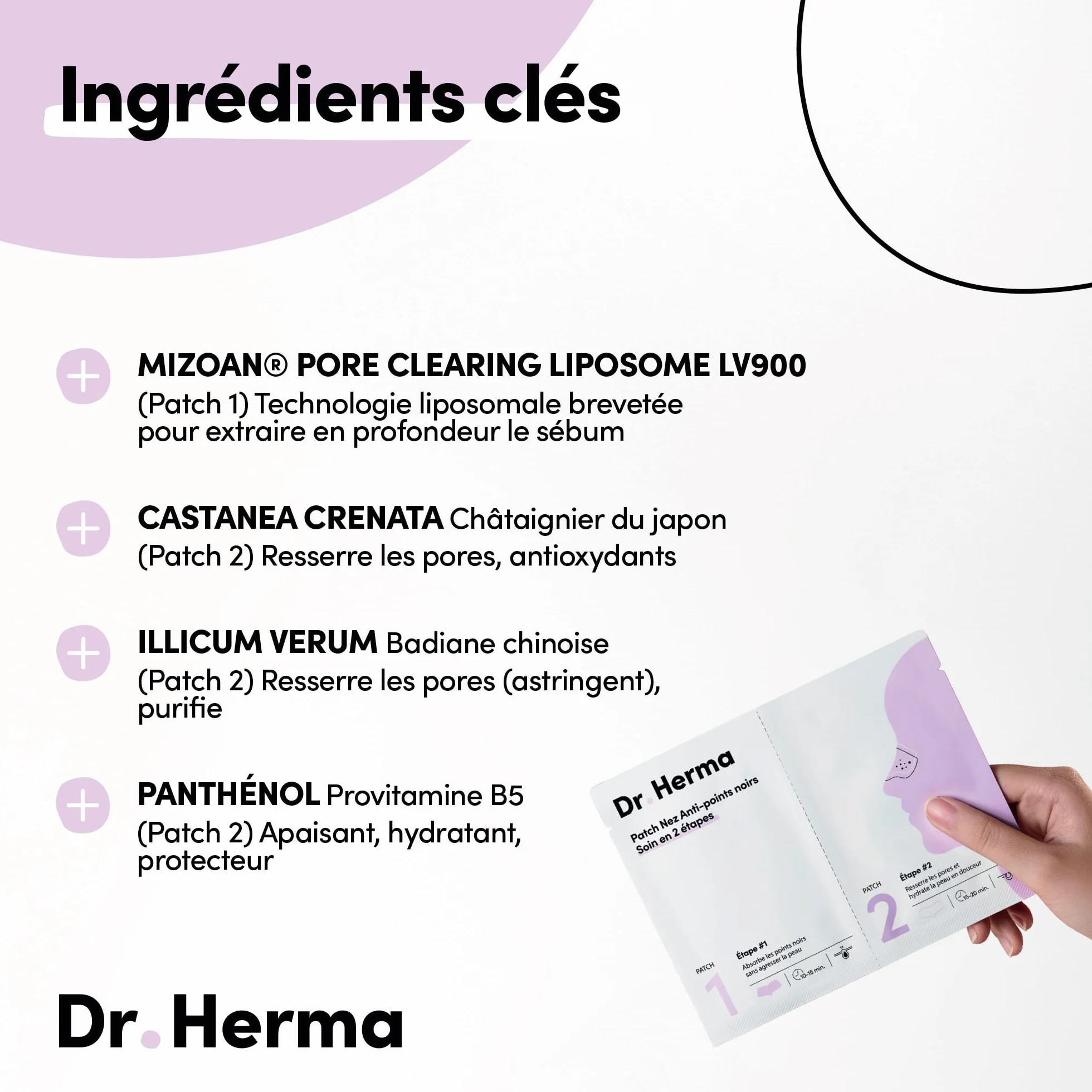 Dr Herma Patch Nez Point Noir 2 étapes Format Nez Purifie Désincruste Ressere les Pores 5 Paires Patch Nasal Anti Imperfection Visage