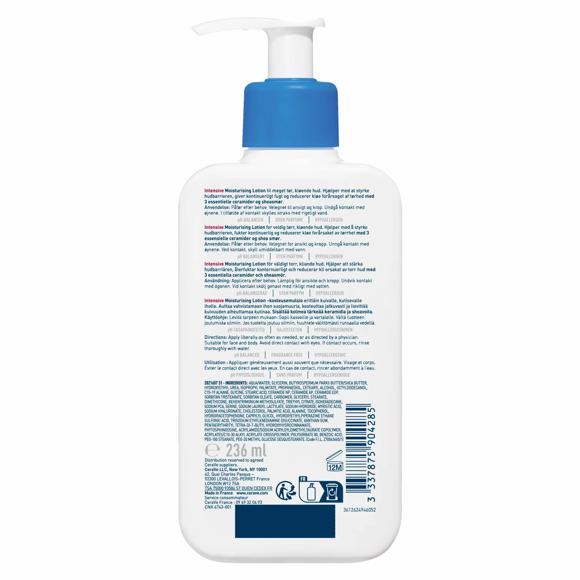 CeraVe Lait Hydratant Intensif Corps et Visage Peaux Très Sèches 72H Hydratation Beurre de Karité 3 Céramides Hydro-Urea Boost Sans Parfum Non Comédogène 236ml