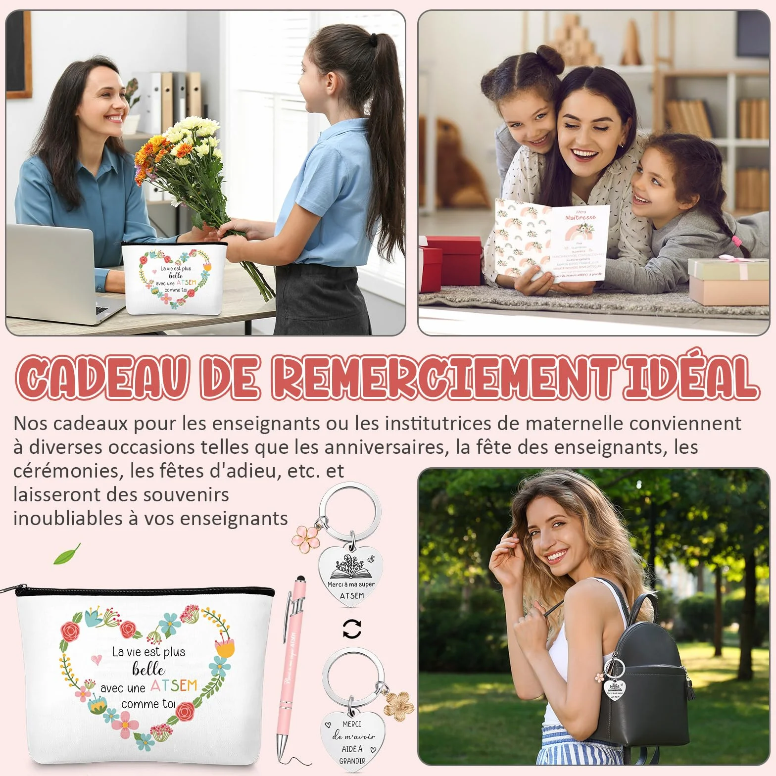 Hestya Trousse de Maquillage Pochette Toilettes Porte Clés Stylo à Bille pour Maitresse d'École ATSEM AESH Fin d'Année Cadeaux Merci