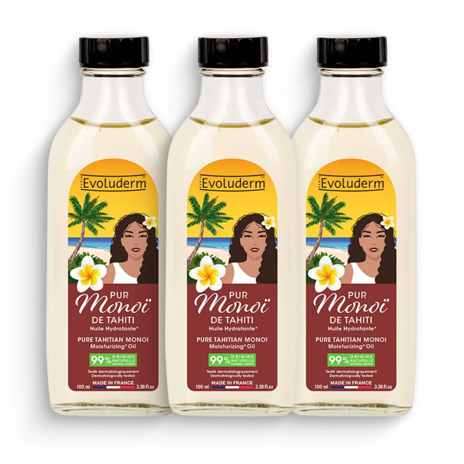 Huile Hydratante Monoï de Tahiti 100 ml 99% Naturelle Végan Fabrication Française Lot de 3