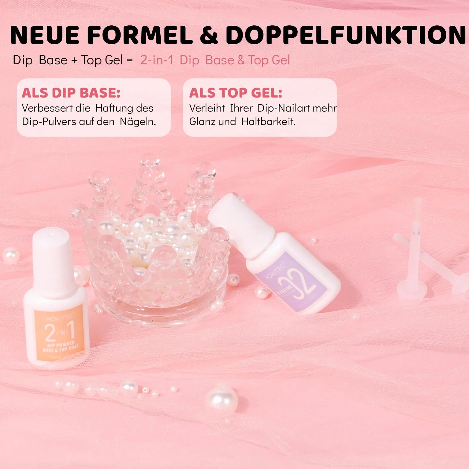 Aokitec Lot de poudres de trempage pour ongles Rose et paillettes avec base liquide