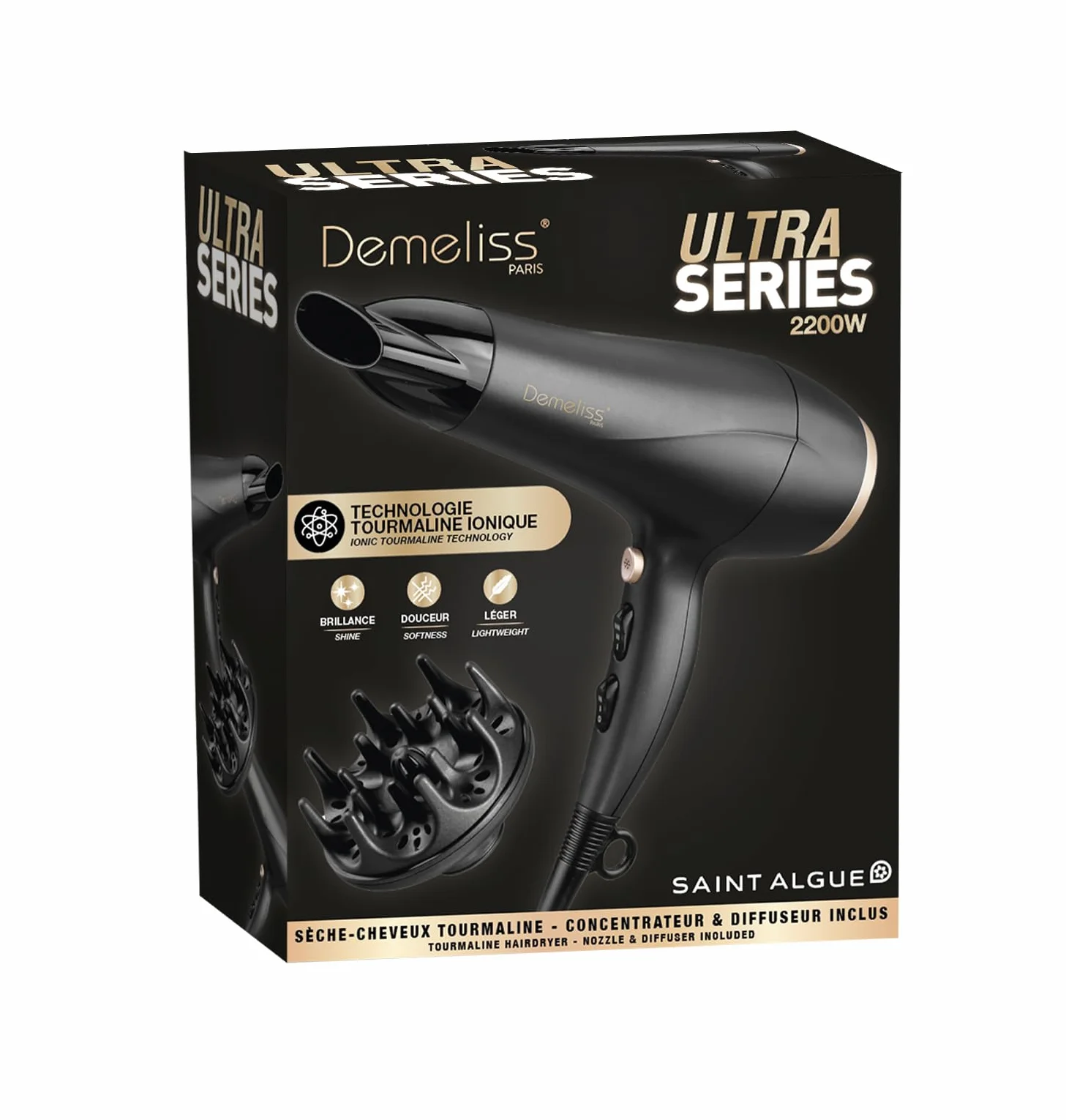 Demeliss Saint Algue Sèche Cheveux 2200W – 2 Vitesses, 3 Températures – Technologie Tourmaline Antifrisottis – Concentrateur, Diffuseur Inclus – Léger Et Puissant – Accessoire Coiffure Brillante