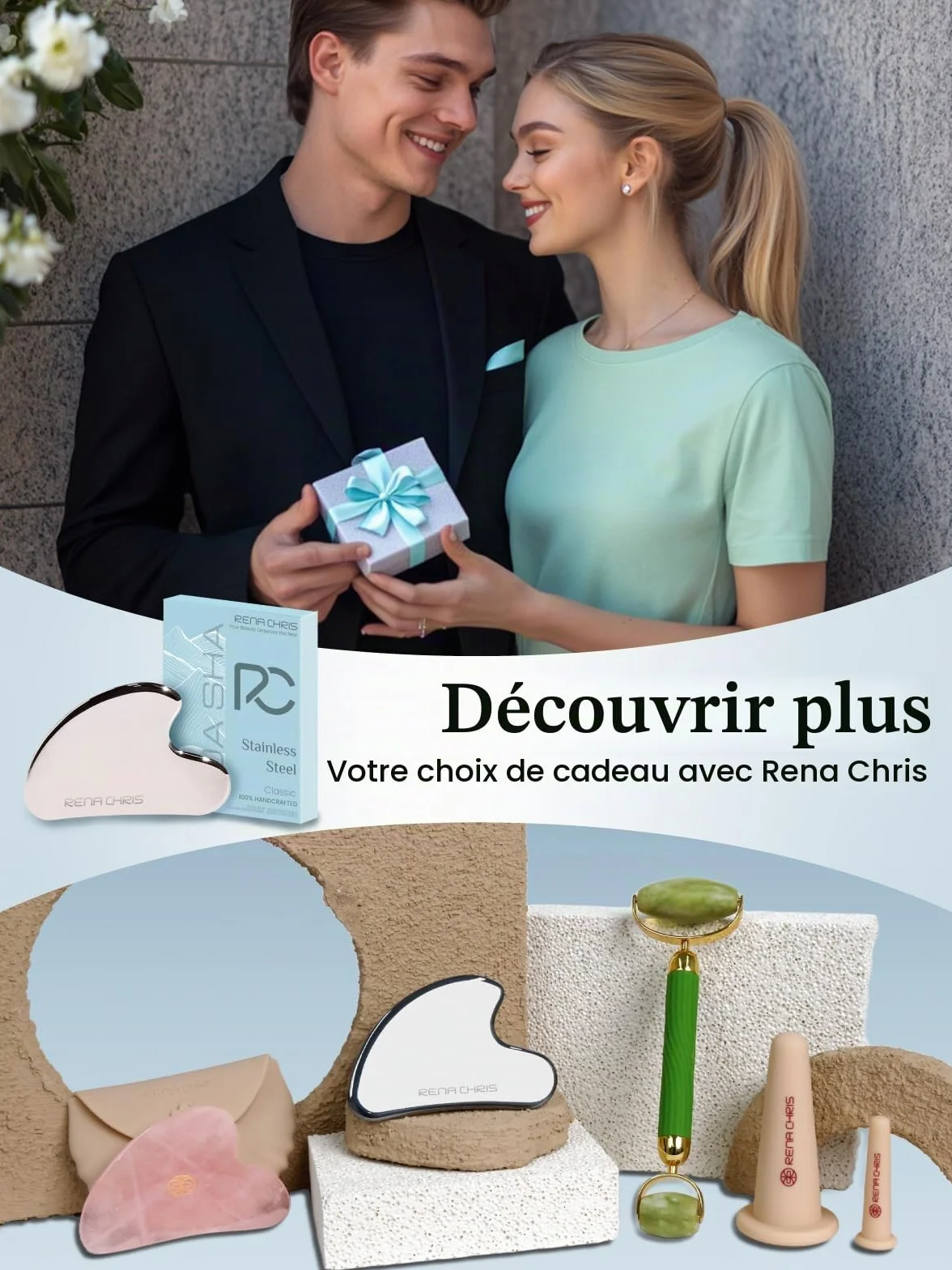 Rena Chris Gua Sha Visage Acier Inoxydable pour Sculpter la Ligne de la Mâchoire et Réduire les Poches