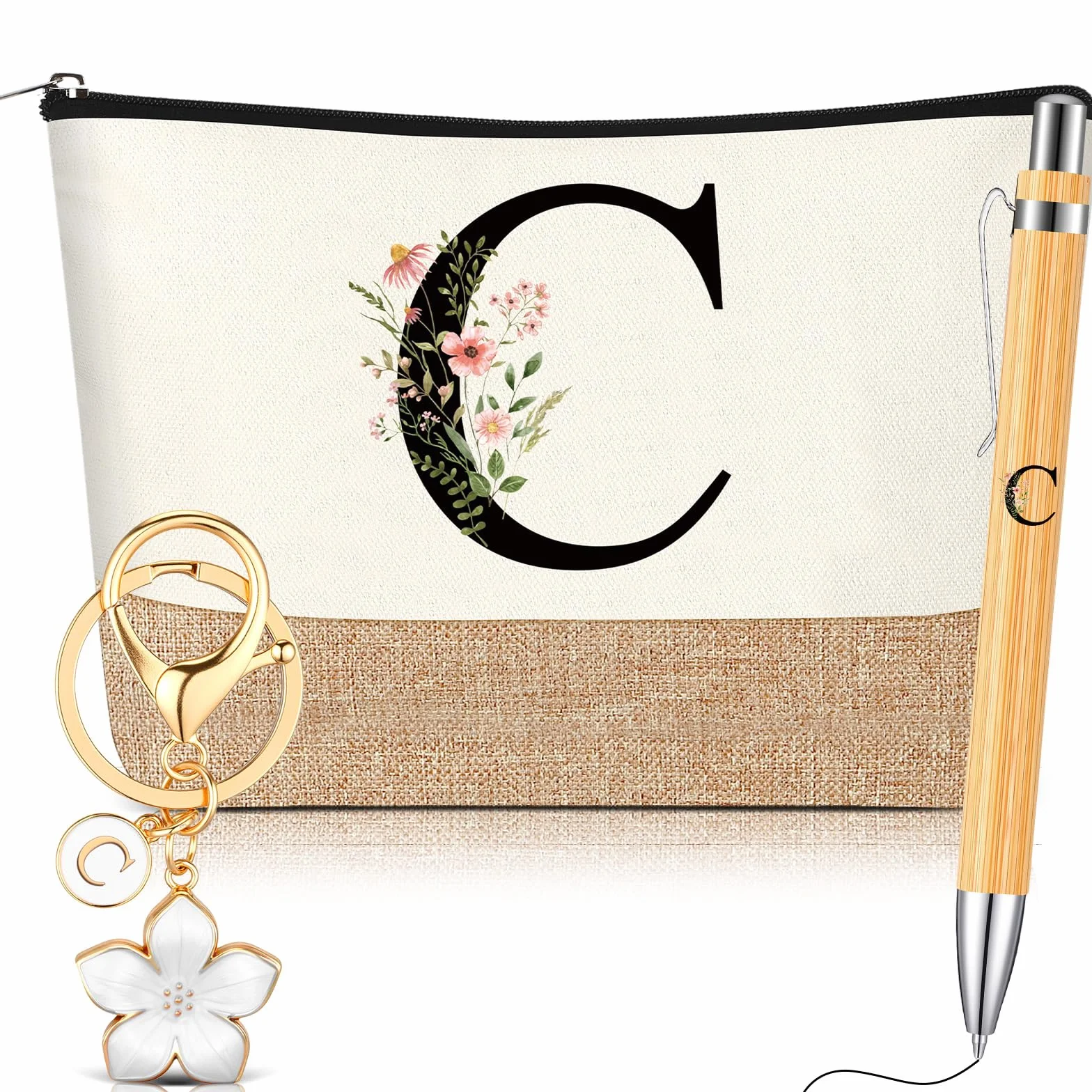 Lot de 3 Cadeaux pour Femmes Maman avec Initiale Florale Trousse de Maquillage Porte-Clés Stylo à Bille Anniversaire (Lettre C, Blanc, Bois)
