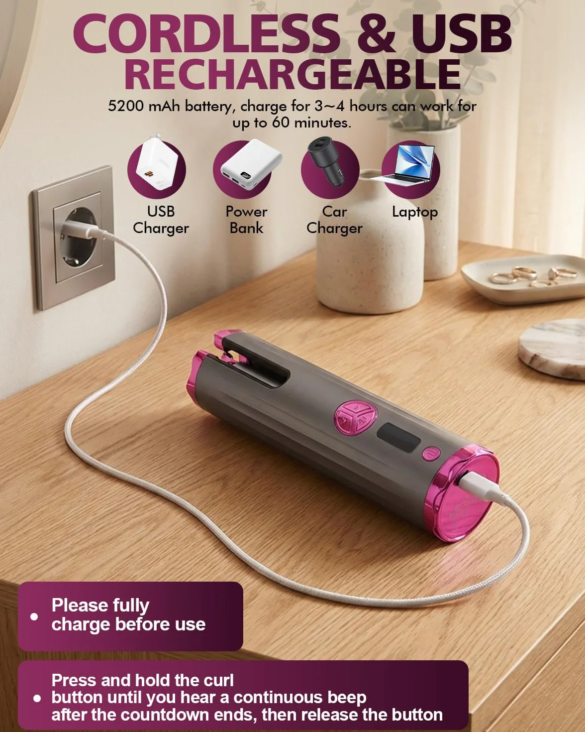 Fer a Boucler Cheveux Automatique Sans Fil Fer a Friser 5200mAh USB Rechargeable a Friser avec 6 Réglages de Température & Minuteur, Boucleur Anti-Brûlure Chauffage Rapide pour Cheveux Longs Courts
