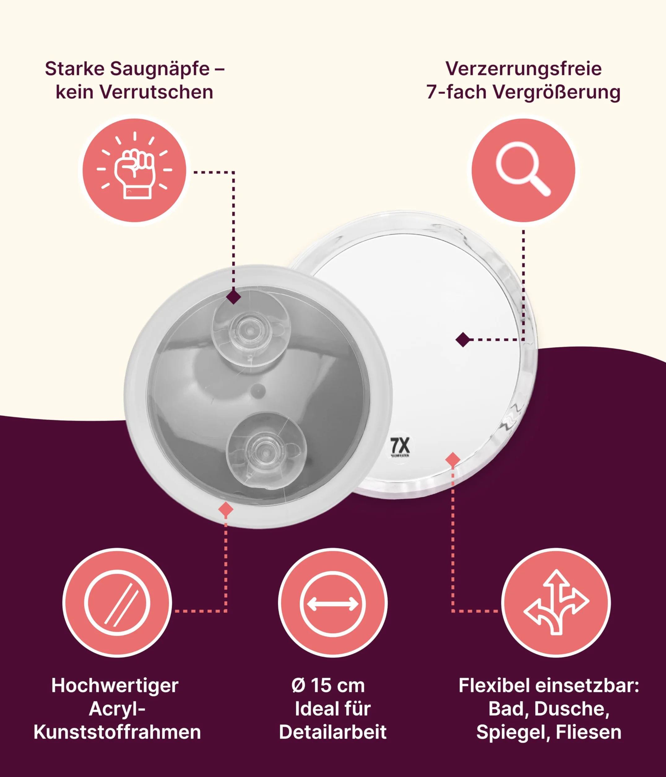 Miroir grossissant 15 cm 2 ventouses Plastique