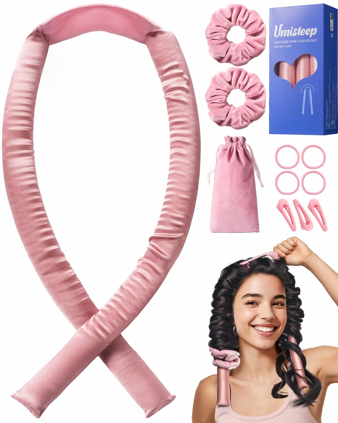 Umisleep Tresseur Sans Chaleur,Set de Boucles en Soie Protège les Cheveux,Tresseur de Boucles 99cm pour la Nuit,Bande DIY pour Boucles Sans Chaleur pour Cheveux Longs (Rose)