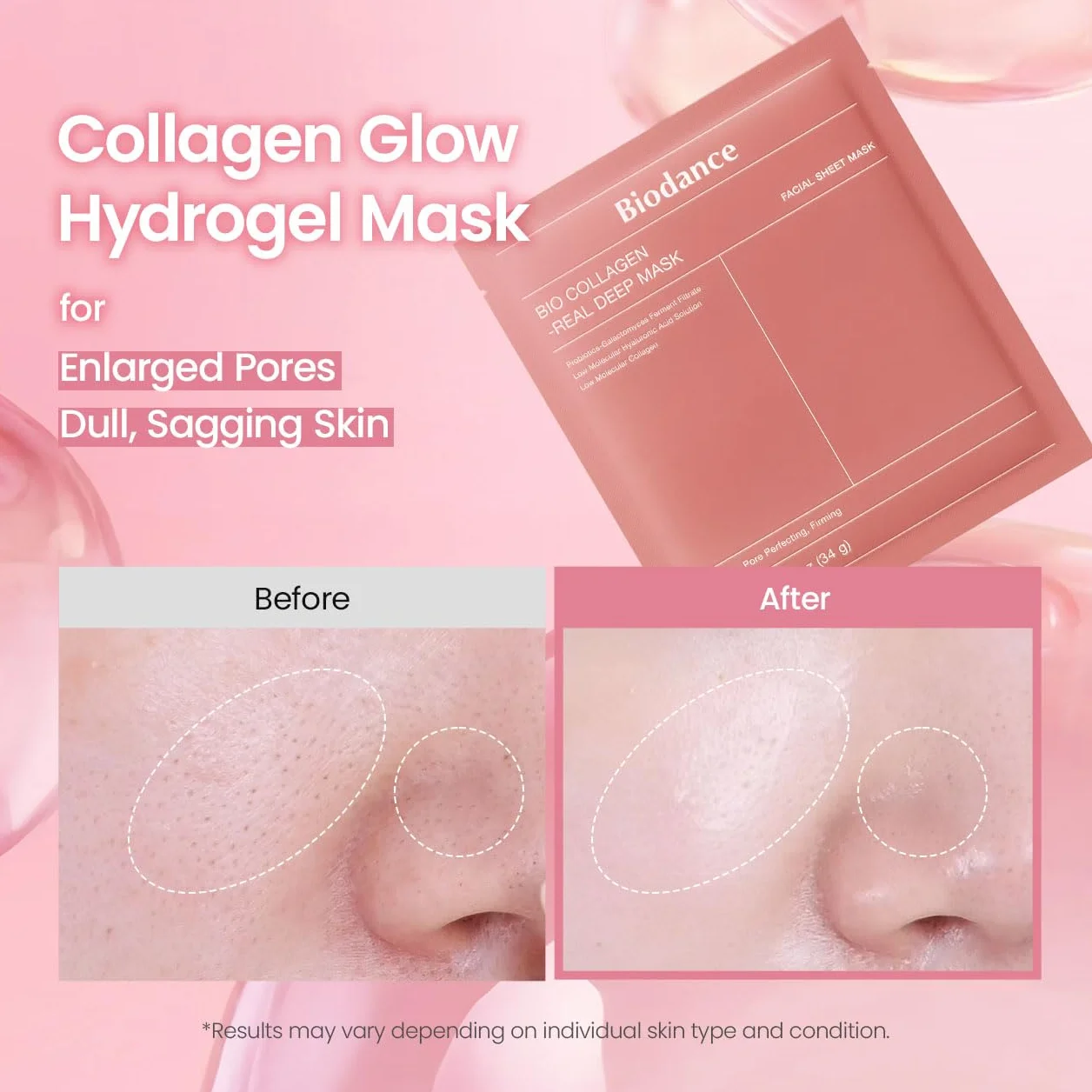 BIODANCE Bio-Collagen Masque Profond Réel, Masque Hydrogel, Minimisation des Pores, 34 g x 4 pièces