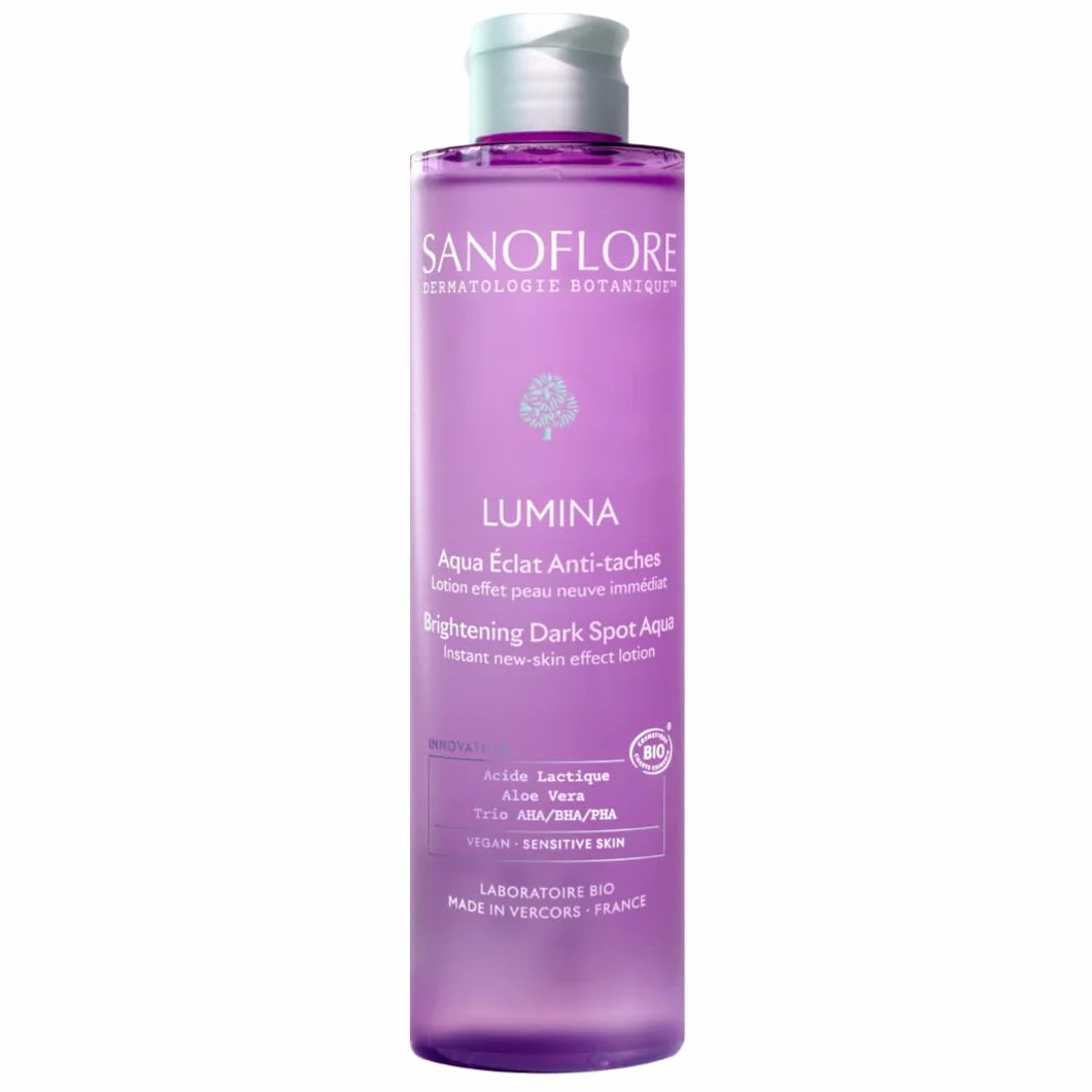 Sanoflore – Lumina – Aqua Éclat Anti-Taches Bio – Effet Peau Neuve Immédiat – Corrige Taches Acné, Soleil, Âge & Grossesse – AHA/BHA/PHA & Acide Lactique – Tous Phototypes – 200 ml