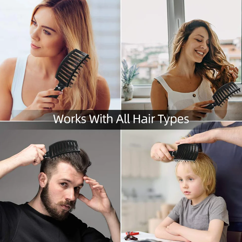 Brosse à Cheveux Poil de Sanglier Professionnelle Incurvée Ventilée pour Coiffeur (Noir)