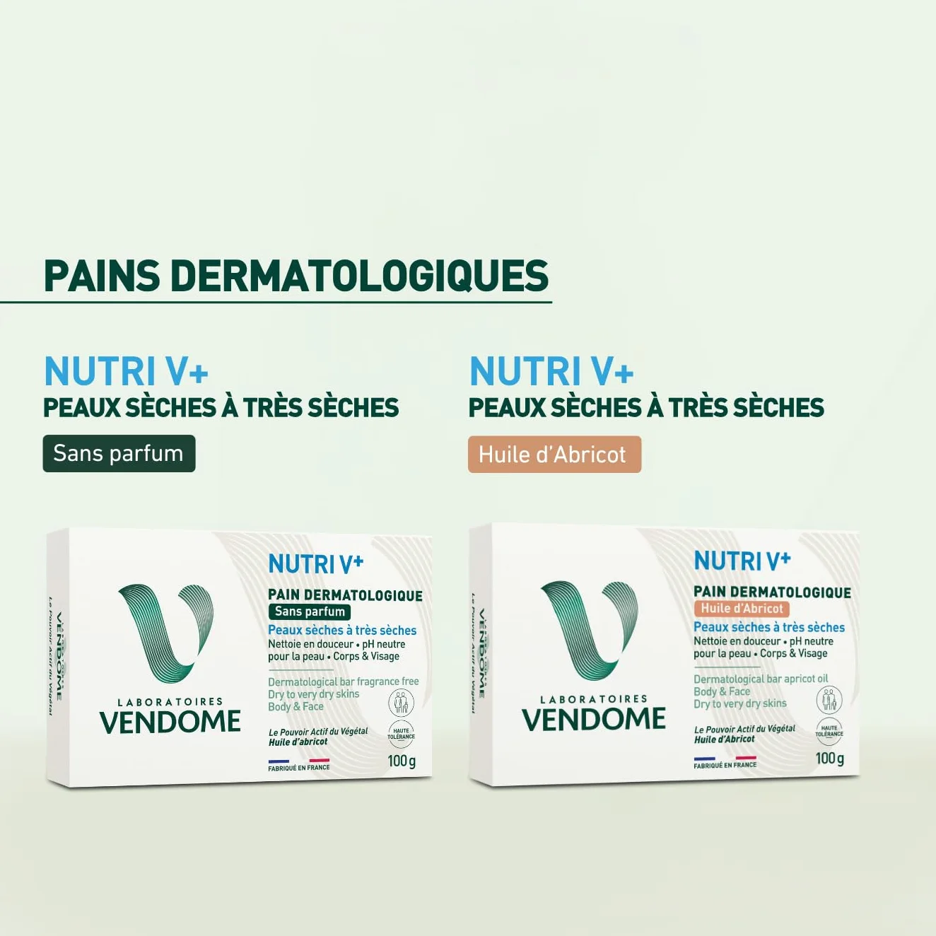 LABORATOIRES VENDÔME NUTRI V+ Pain Dermatologique Sans Parfum 100g pH Neutre Peaux Sèches
