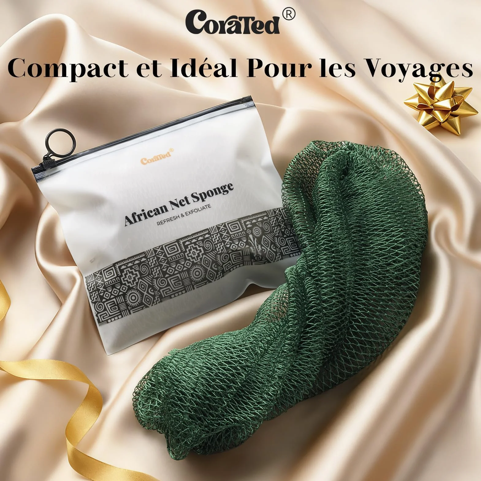 CORATED Filet à Bain Africain 2 Pièces, Eponge Exfoliante Corps, Gant Exfoliant Dos – Nettoyage Douche SPA (Lin et Marron)