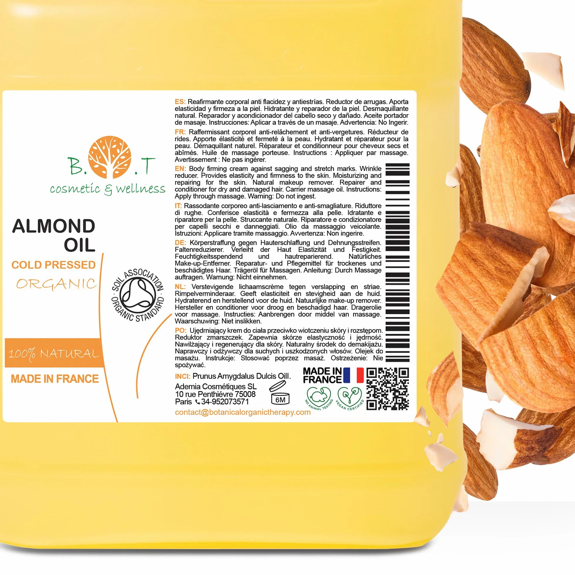 Huile Amande Douce Bio Pressée à Froid Pure 1000 ml - Huile de Massage Professionnel Cheveux Cils Corps Visage