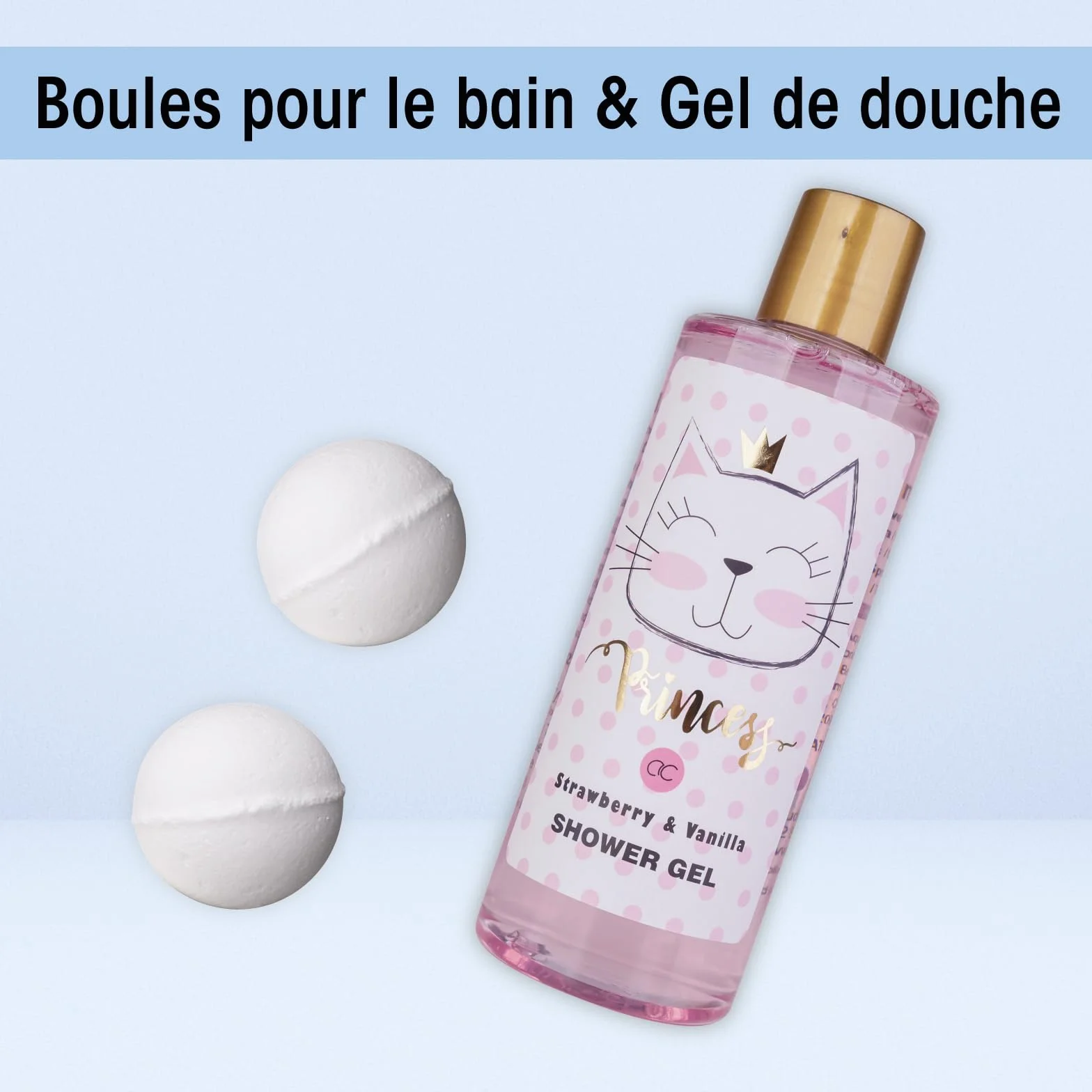 Accentra Coffret cadeau PRINCESS KITTY, coffret cadeau fille avec 250 ml gel douche, 180 ml lait corps, 180 ml gommage corps, 60 ml crème corps, 2 x 40 g bombe de bain, joli panier rose à offrir