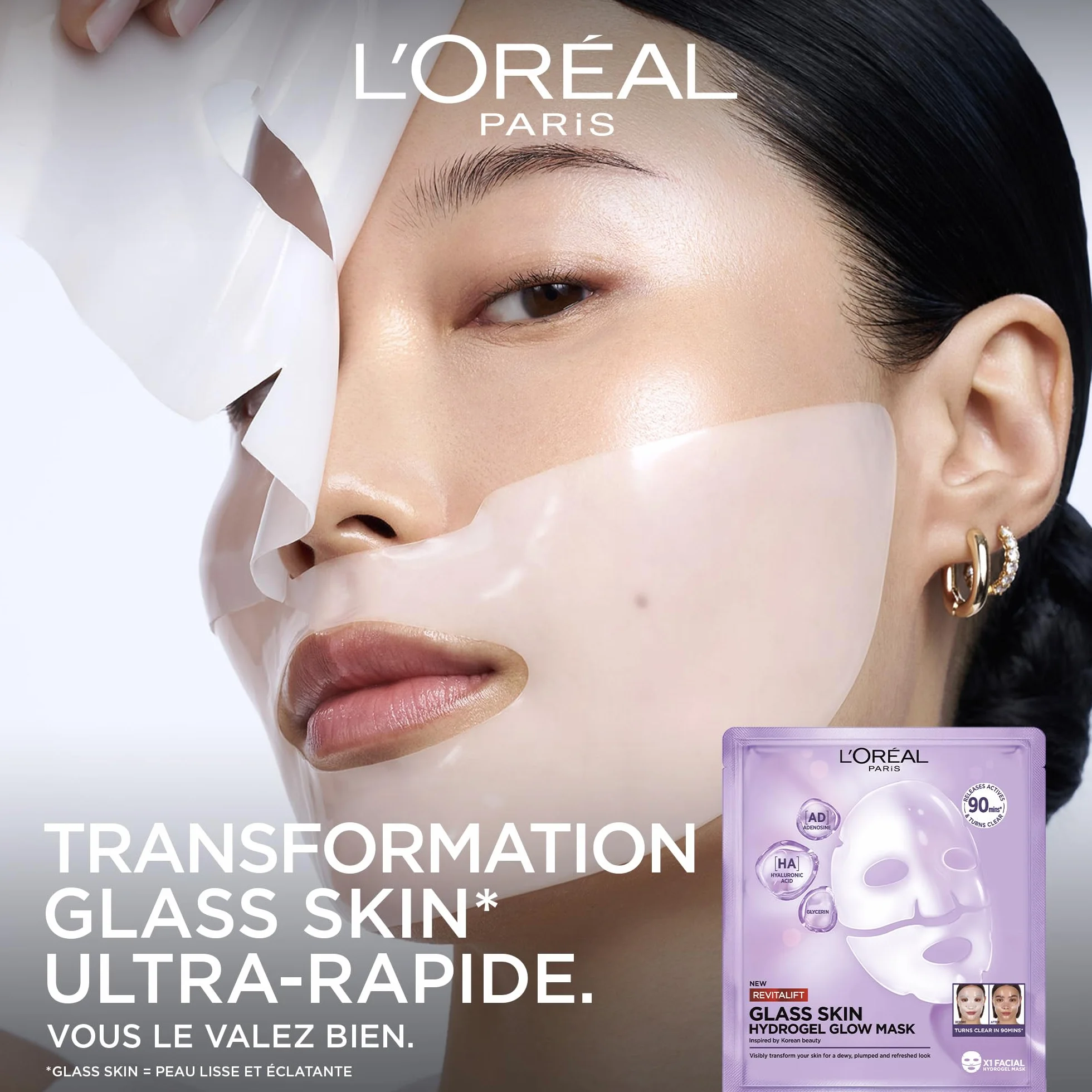 L'Oréal Paris Revitalift Filler Glass Skin Masque Visage Hydrogel Éclat Hydratation Intense Acide Hyaluronique Lot de 4