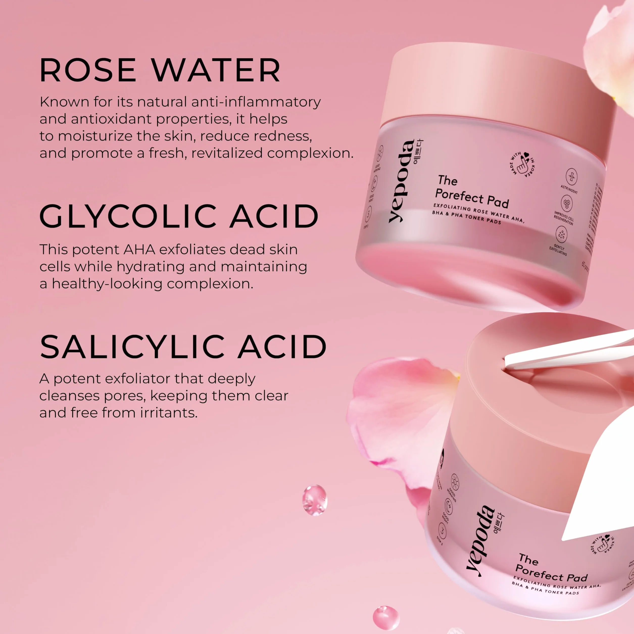 Yepoda The Porefect Pad, tampons toniques exfoliants à l'eau de rose, AHA, BHA & PHA, 60