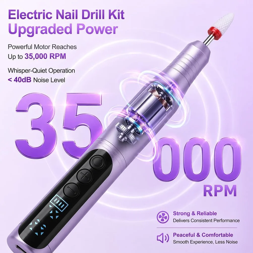 Ponceuse pour Ongles Professionnelle 35000 tr/min 12 en 1 Lime a Ongle Electrique Sans Fil avec Écran Numérique LCD et 12 Embouts Lime à Ongles pour Gel Acrylique et Semi Permanent