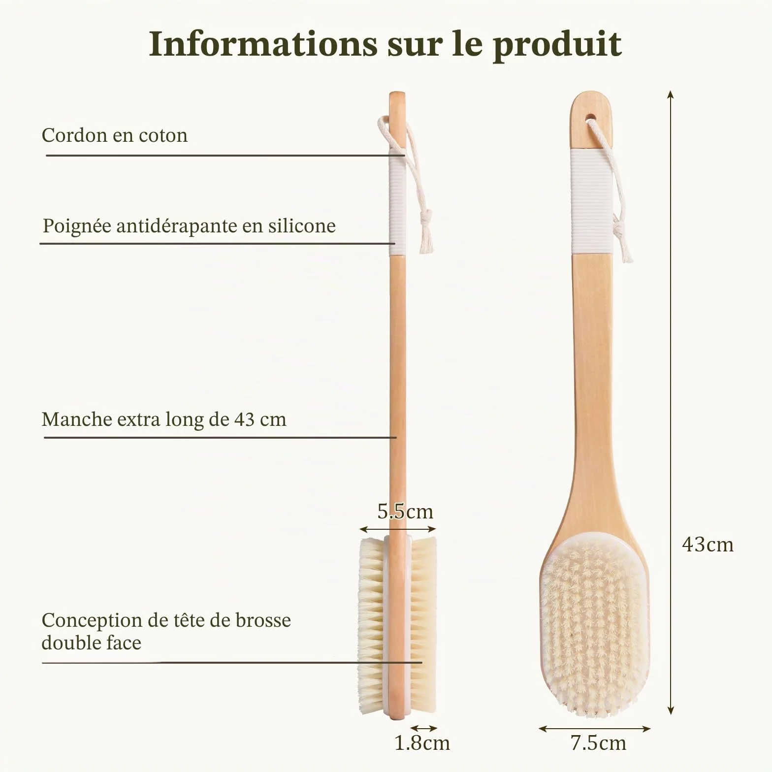 Brosse Dos Douche Long Manche 43 cm, Exfoliante Corps Humide et Sèche