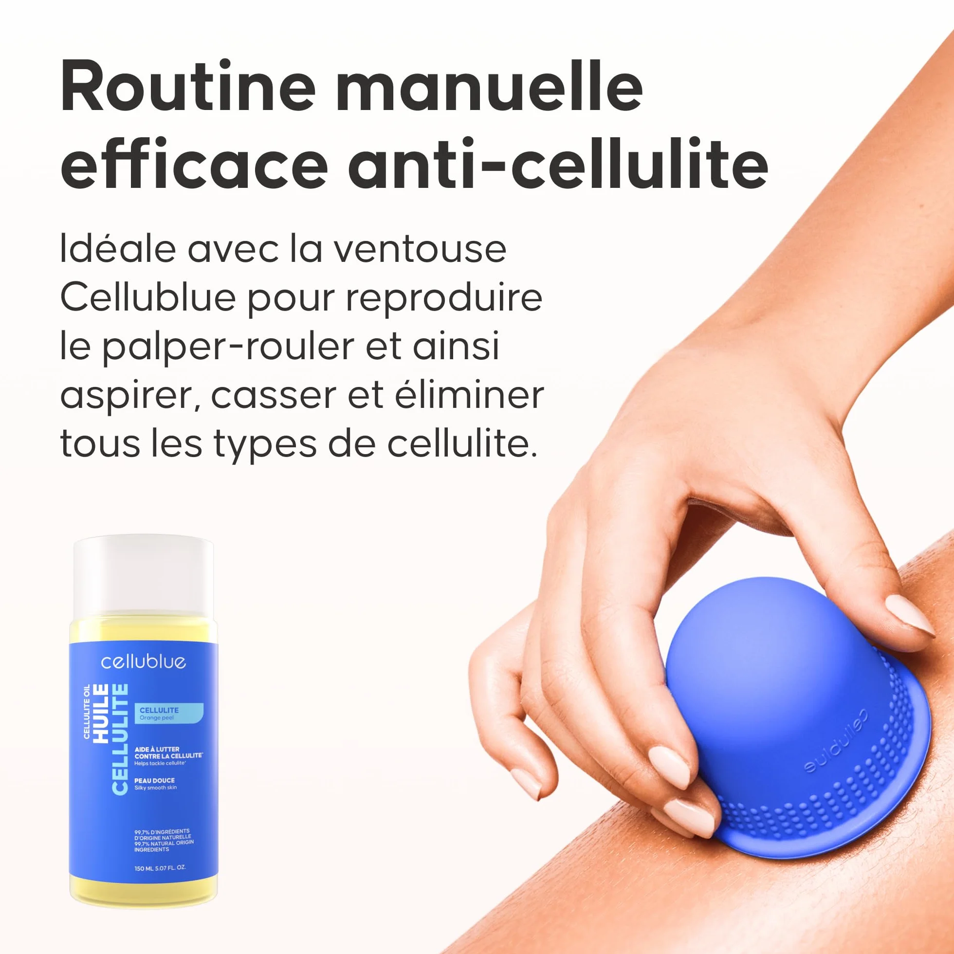 Huile de Massage Anti-Cellulite Cellublue – Nouvelle formule surboostée 4 super-aliments – Naturelle – Palper-Rouler Simplifié