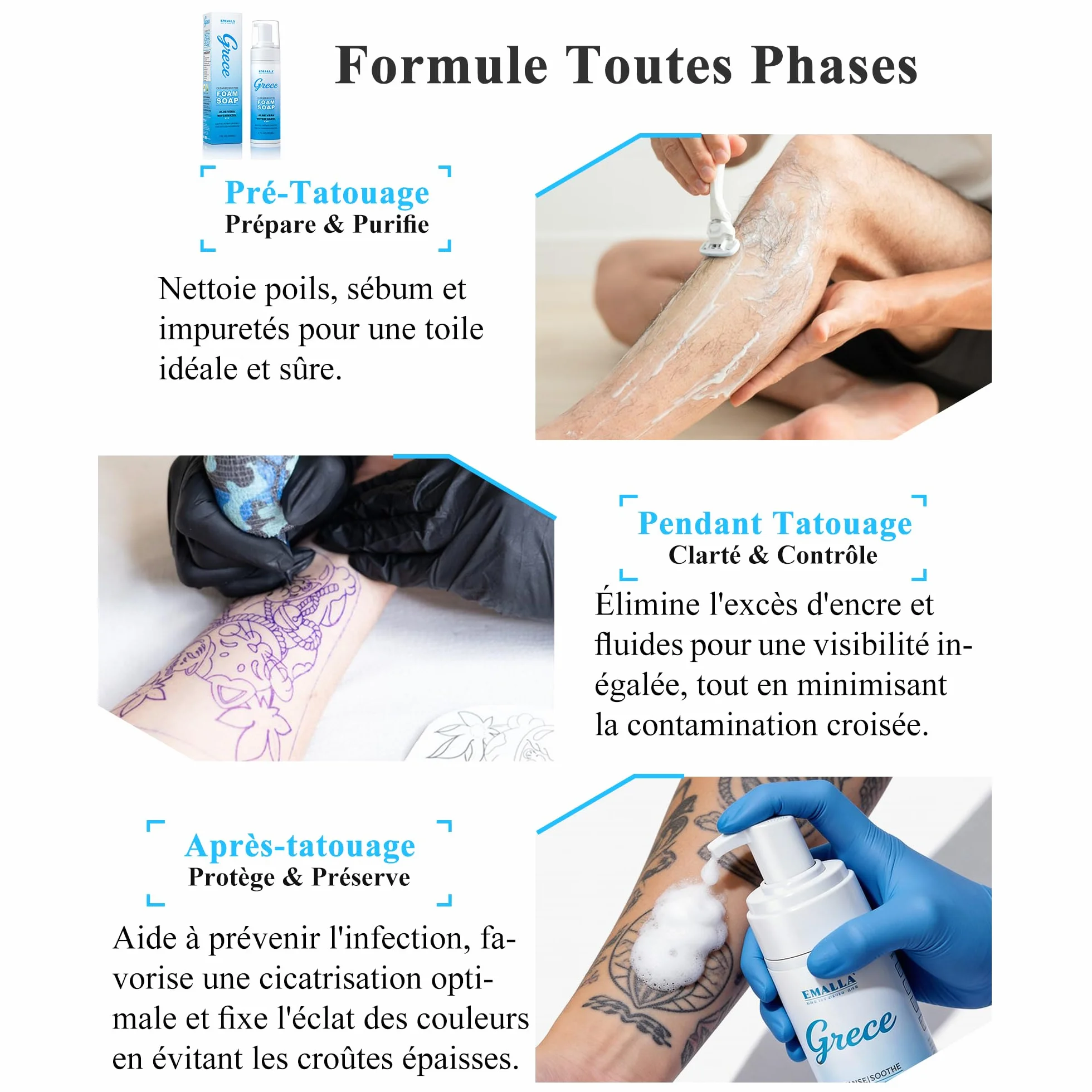 EMALLA GRECE Mousse de soin douce pour tatouage 150 ml sans savon aux extraits de plantes