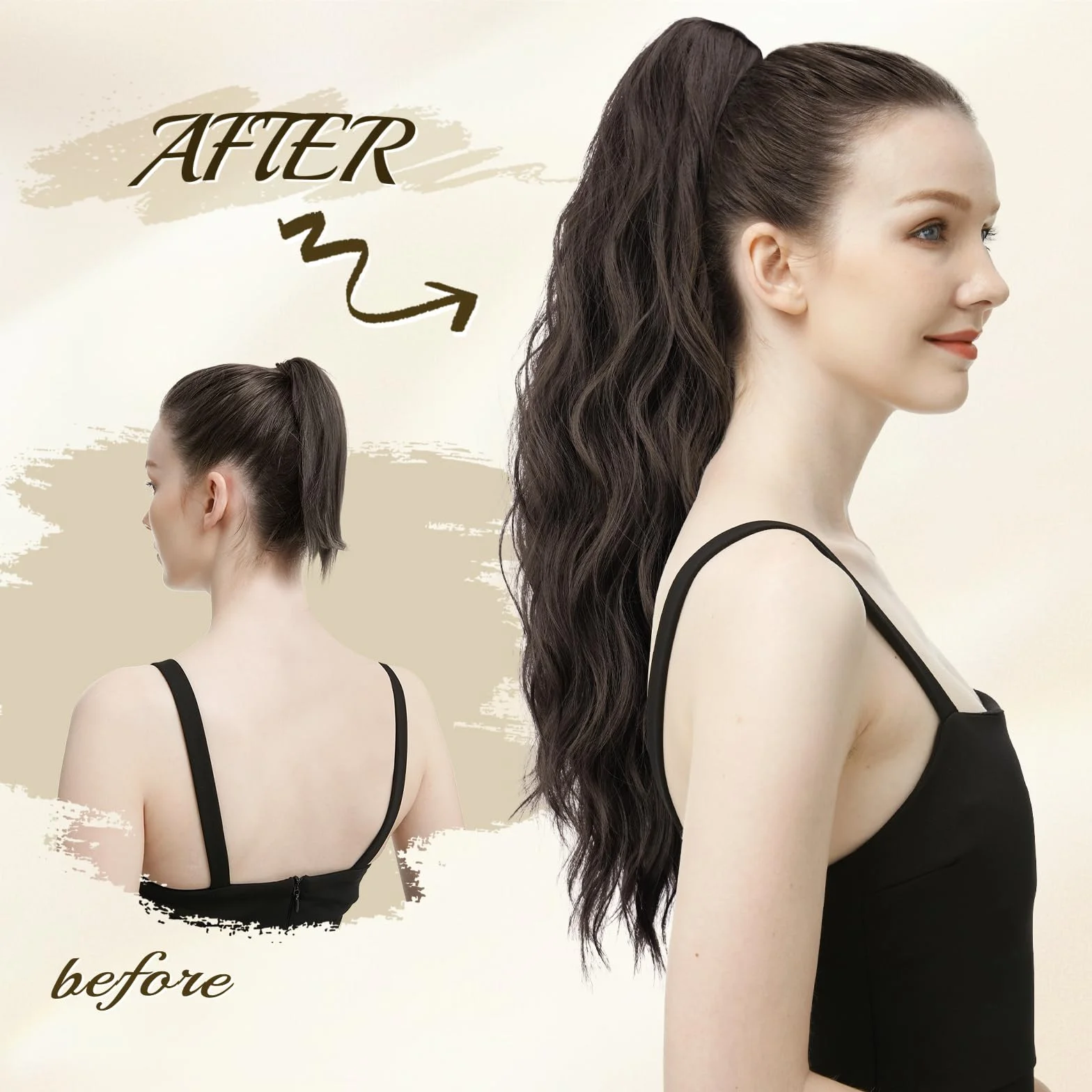 FESHFEN Extension Queue de Cheval avec Pince - Postiche Cheveux Naturel Ondulé Longue Ponytail Extensions Synthétique Fausse Rajout Postiches pour Femmes, 63 cm Châtain