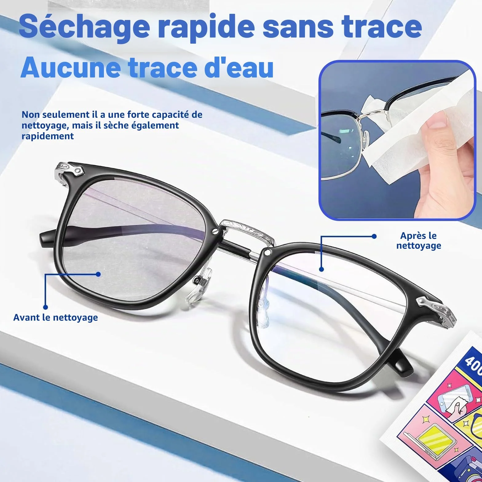 Lingettes nettoyantes pour lunettes lot de 400, emballées individuellement, pré-humidifiées pour lentilles, appareils photo, téléphones