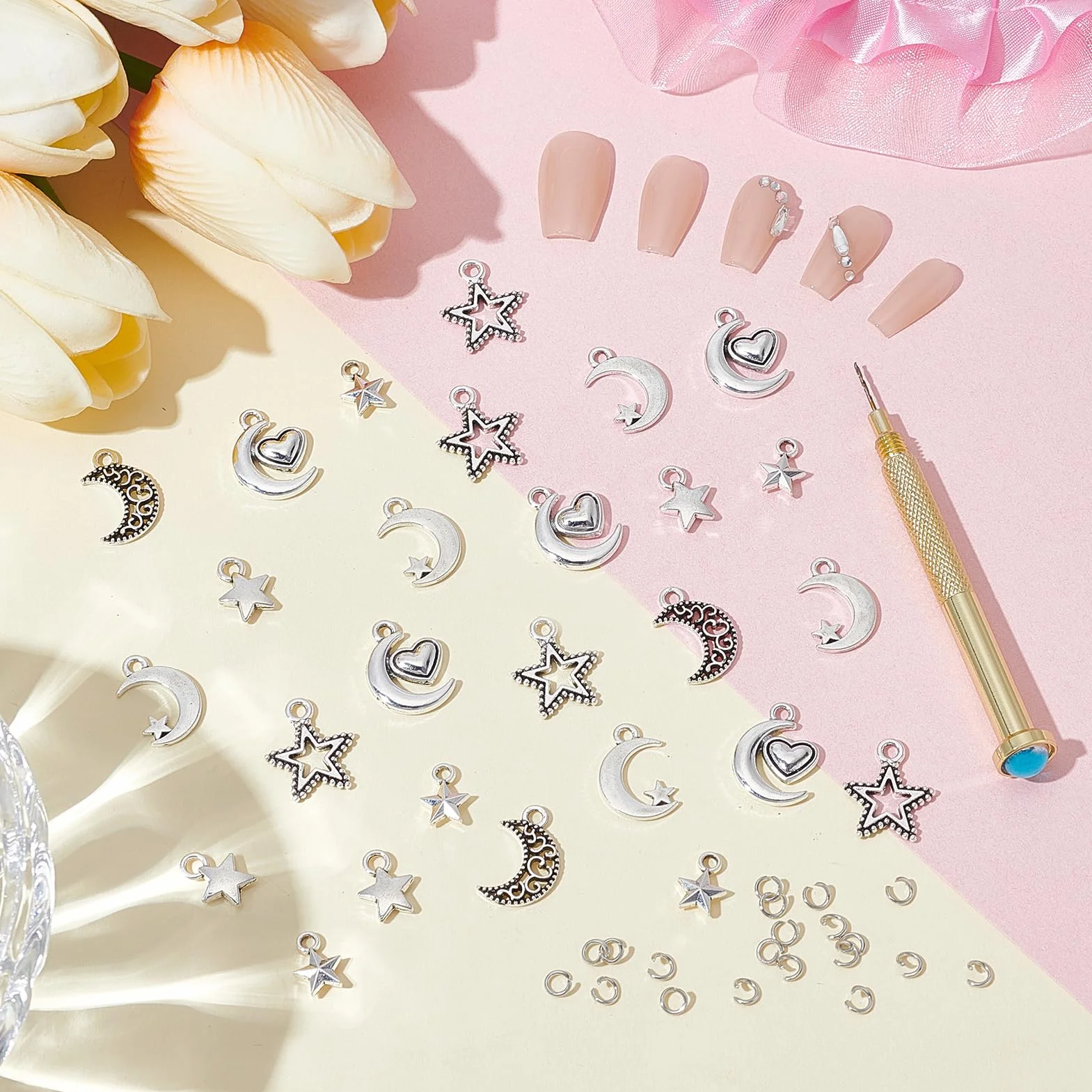 NICENEEDED Breloque Pendante Nail Art 3D Étoile Lune Argentée Anneaux Ongles Alliage Argenté avec Outil Perçage Décoration Artistique