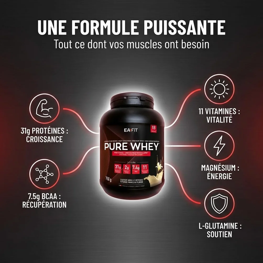 EAFIT WHEY PROTEIN Vanille 750g 31g Proteine BCAA Shaker Pre Workout