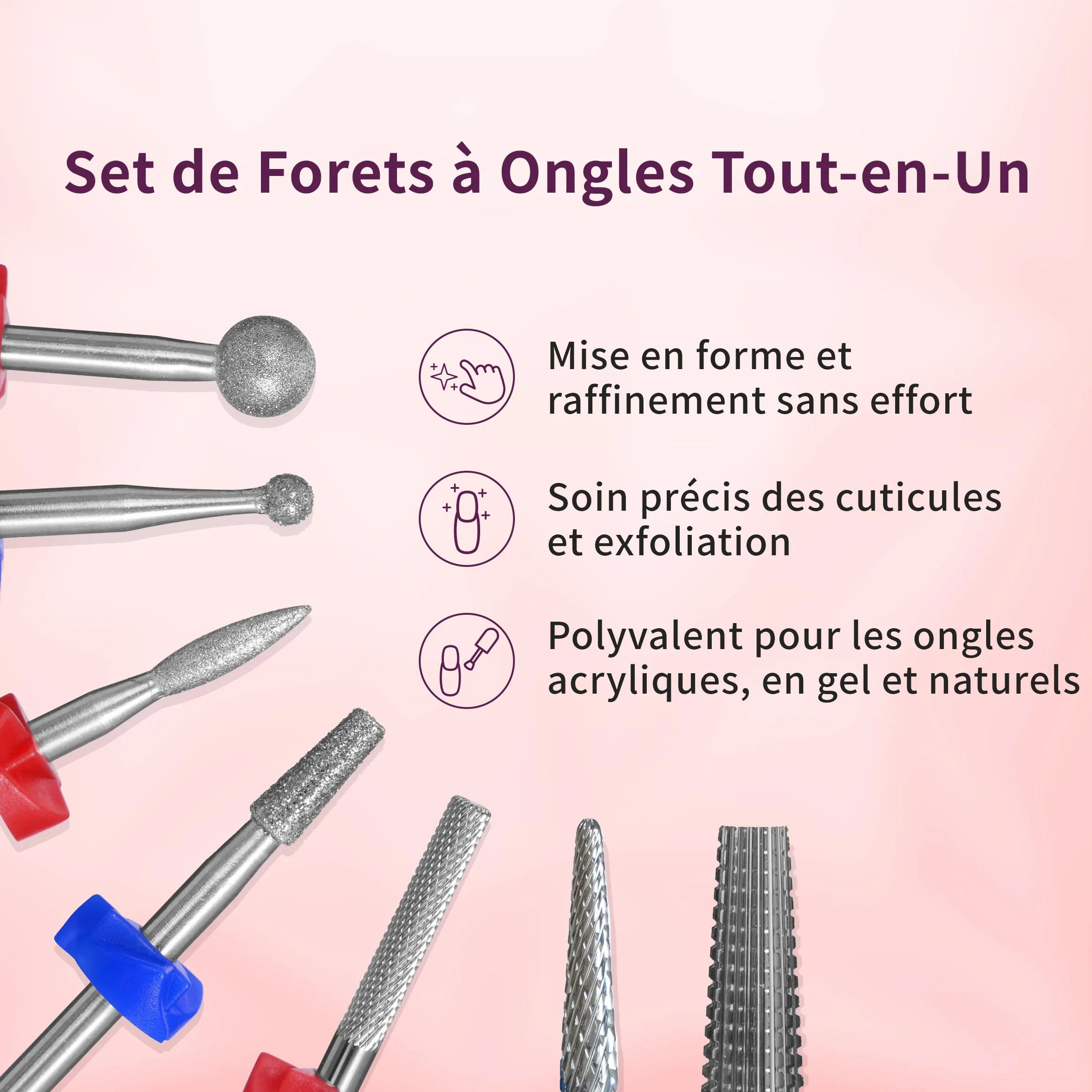 Delanie 7Pcs Embout Ponceuse Ongles 3/32 en Carbure de Tungstène & Diamant, Foret a Ongles Outils Professionnel pour Éliminer Gel Acrylique Cuticule