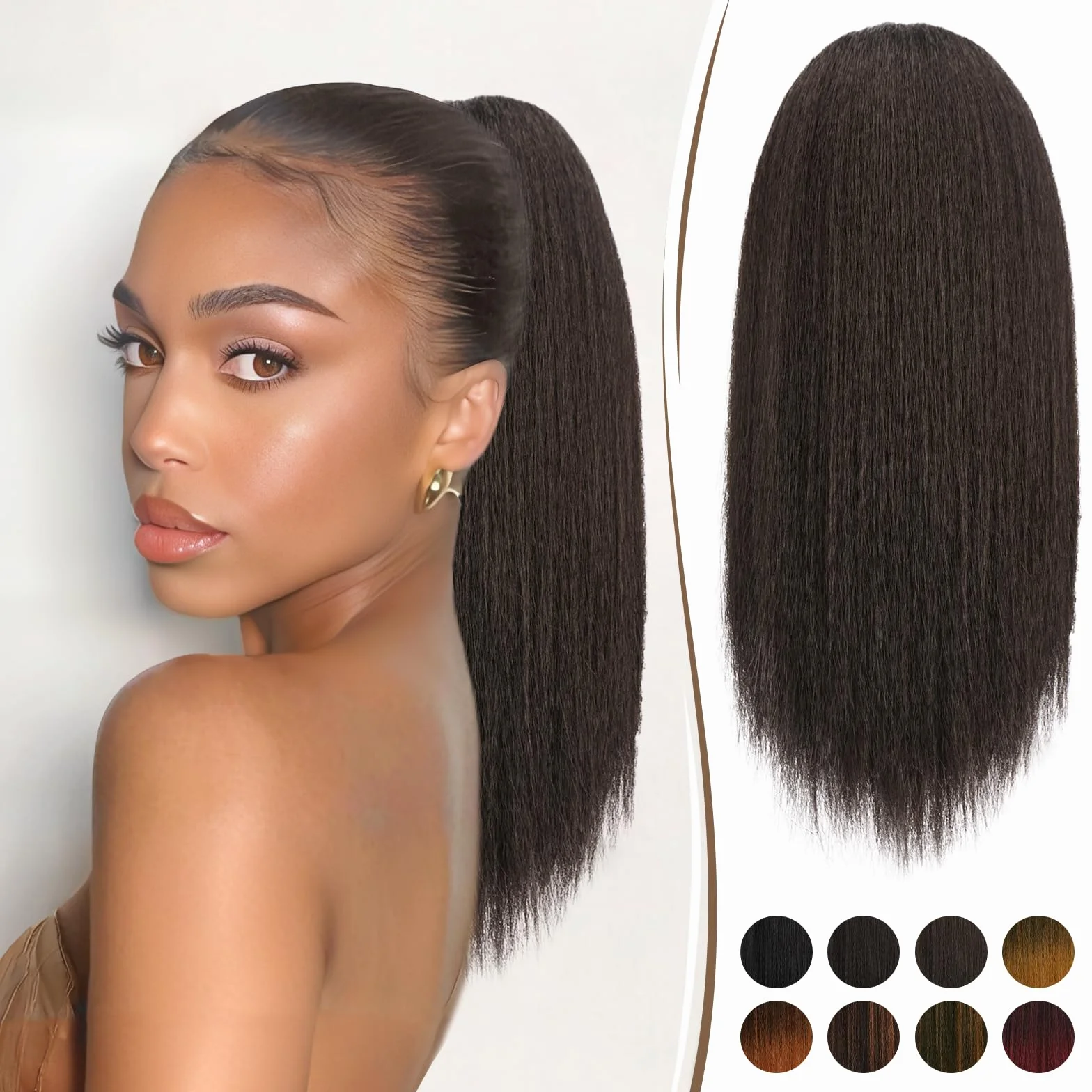 RUWISS Ponytail Cheveux Naturel Afro, Ponytail Extension Yaki Straight 40 cm Queue de Cheval avec Cordon pour Femmes (Brun Foncé)